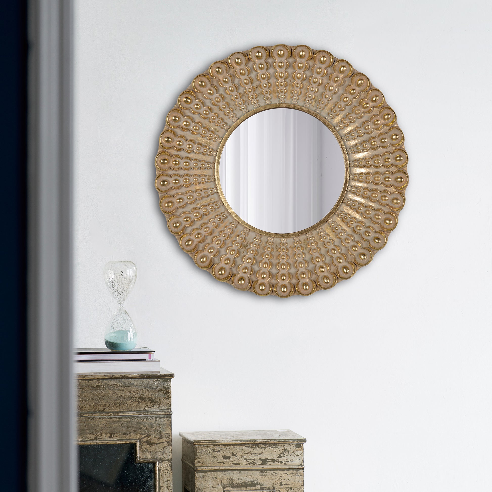 18.5" Transitional Beaded Sunburst Mirror, Round Accent Wall Mirror For Living Room, Entryway, Bathroom, Office, Foyer Gold Polyresin