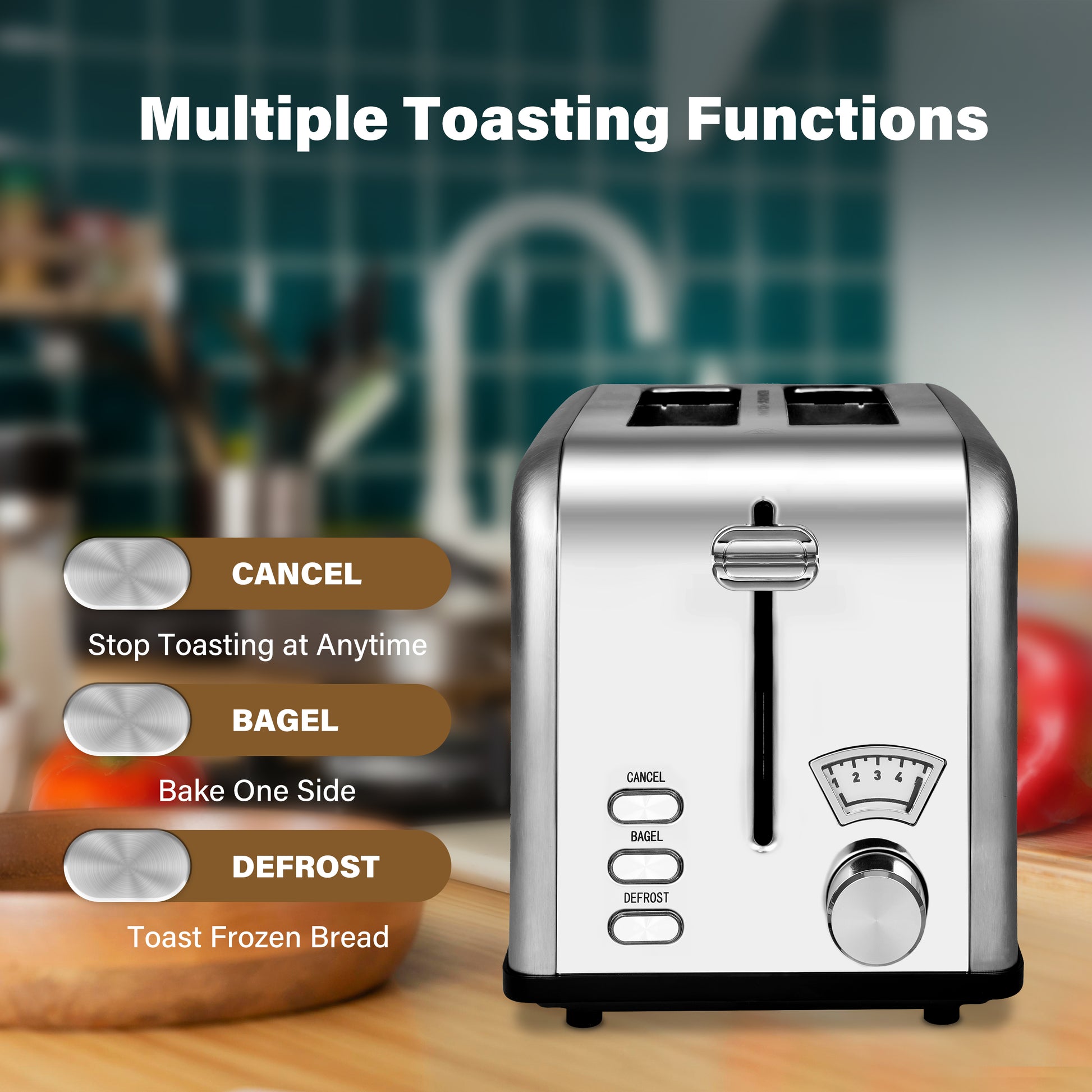 2 Slice Toaster With 1.5 Inch Wide Slot, 5 Browning Setting And 3 Function: Bagel, Defrost & Cancel, Retro Stainless Steel Style, Toast Bread Machine With Removable Crumb Tray, Silver Silver Stainless Steel