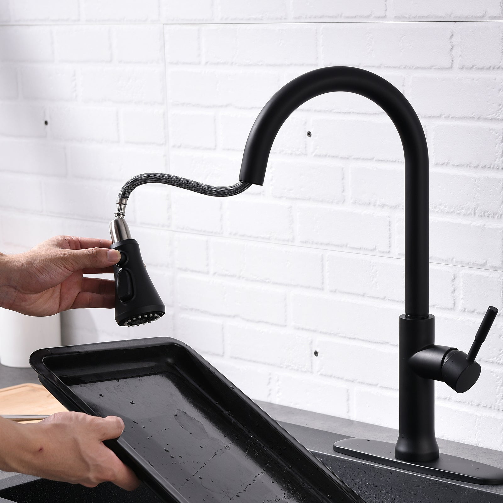 Touch On Kitchen Faucet With Pull Down Sprayer Single Handle Brass Touch Activated Kitchen Sink Faucet With 2 Way Pull Out Sprayer, Matte Black Black Kitchen Classic,Contemporary Ceramic Brass