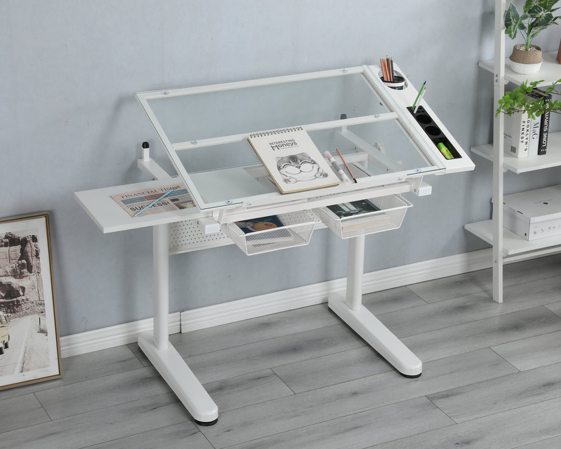 Hand Crank Adjustable Drafting Table Drawing Desk With 2 Metal Drawers White With Stool White Glass Metal