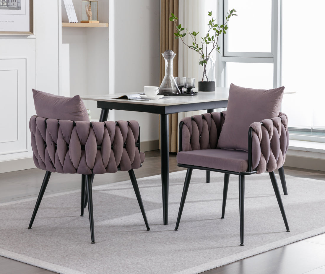 Pure Purple Modern Velvet Dining Chairs Set Of 2 Hand Weaving Accent Chairs Living Room Chairs Upholstered Side Chair With Black Metal Legs For Dining Room Kitchen Vanity Living Room Purple Velvet