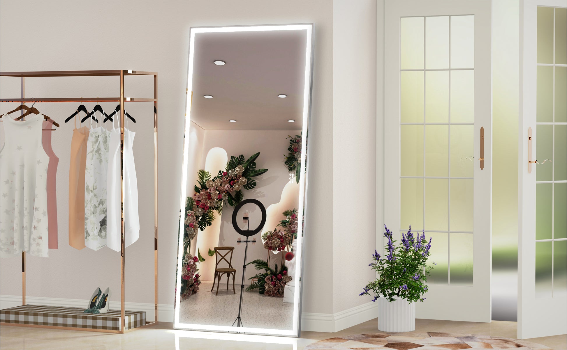 72X32 Inch Oversized Led Bathroom Mirror Wall Mounted Mirror With 3 Color Modes Aluminum Frame Wall Mirror Large Full Length Mirror With Lights Lighted Full Body Mirror For Bedroom Living Room, Silver Silver Aluminium