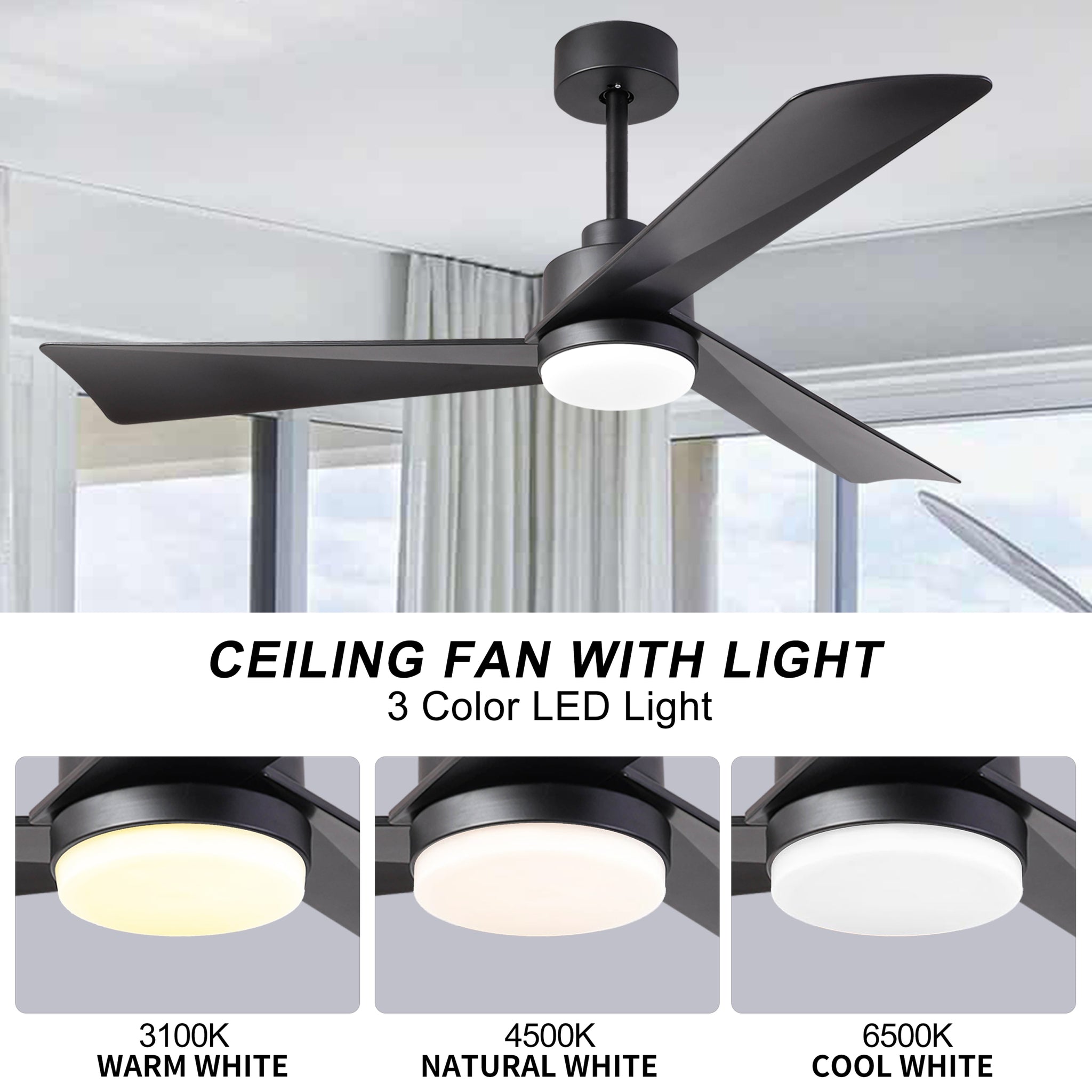 52 inch Ceiling Fan with Light, Modern Dimmable matt black-abs+steel(q235)