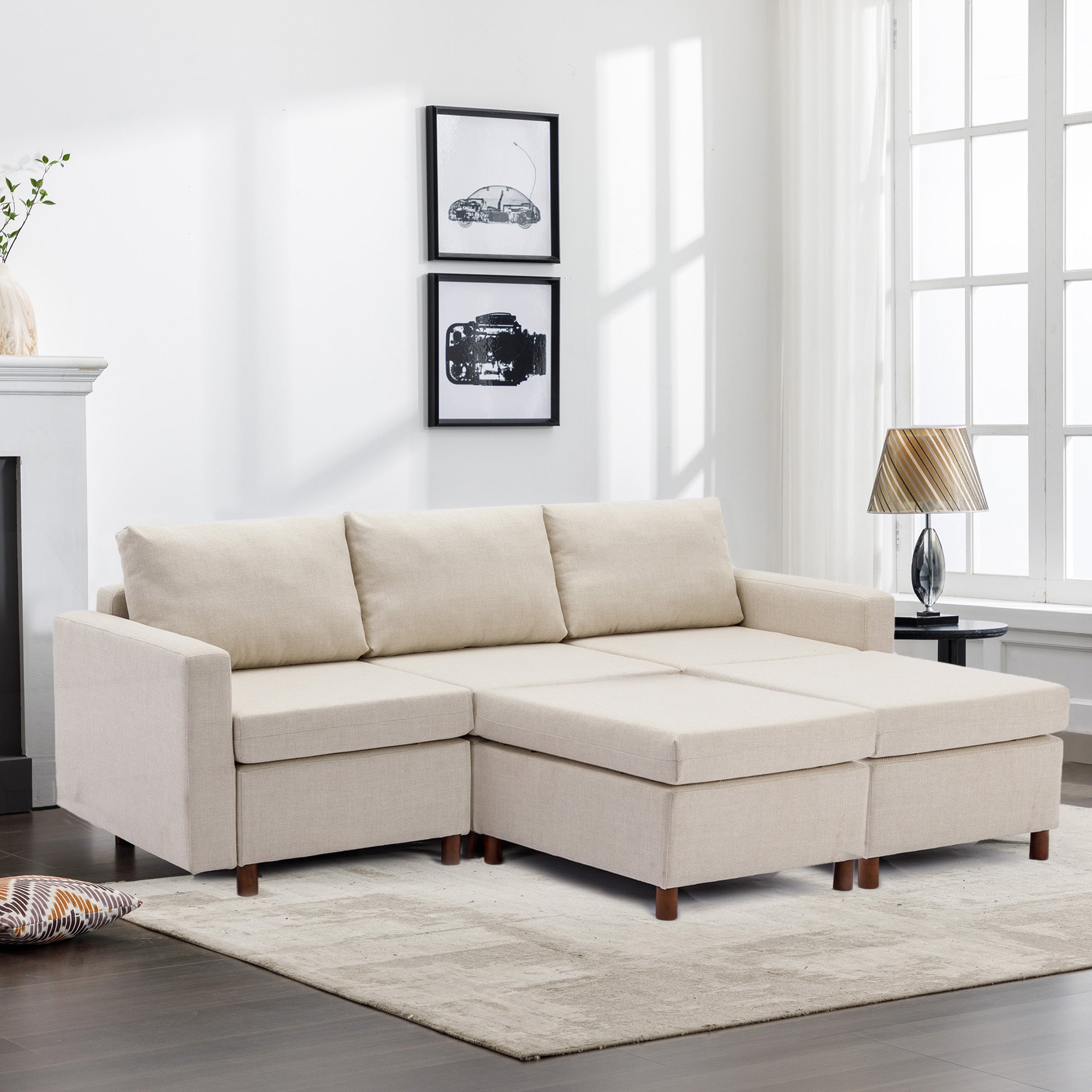 3 Seat Module Sectional Sofa Couch With 2 Ottoman For Living Room,Seat Cushion And Back Cushion Non Removable And Non Washable,Cream Cream Wood Primary Living Space Soft Modern Rubberwood Foam Linen 3 Seat