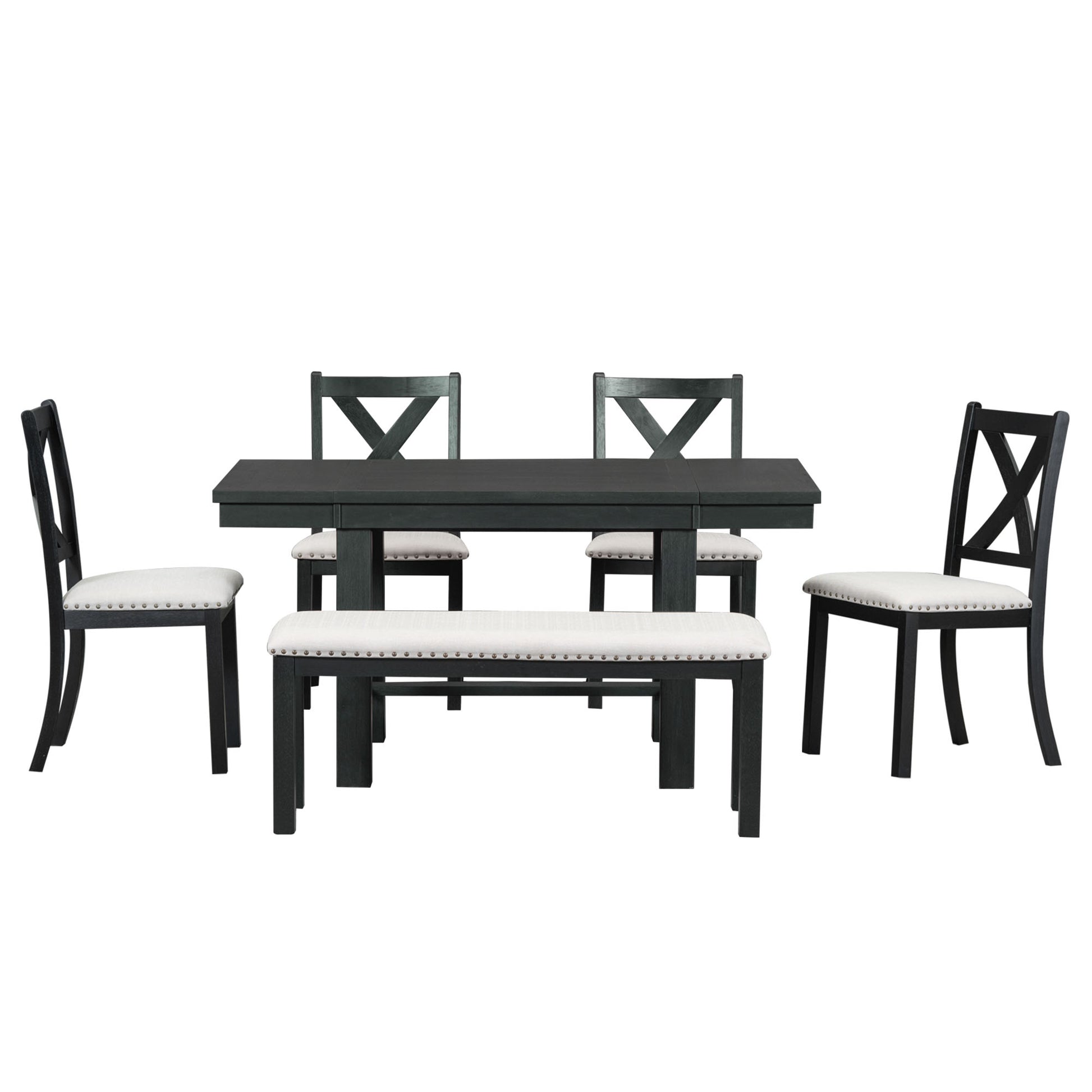 Farmhouse 82Inch 6 Piece Extendable Dining Table With Footrest, 4 Upholstered Dining Chairs And Dining Bench, Two 11"Removable Leaf, Black Beige Cushion Wood Dining Room Bench Seating Acacia