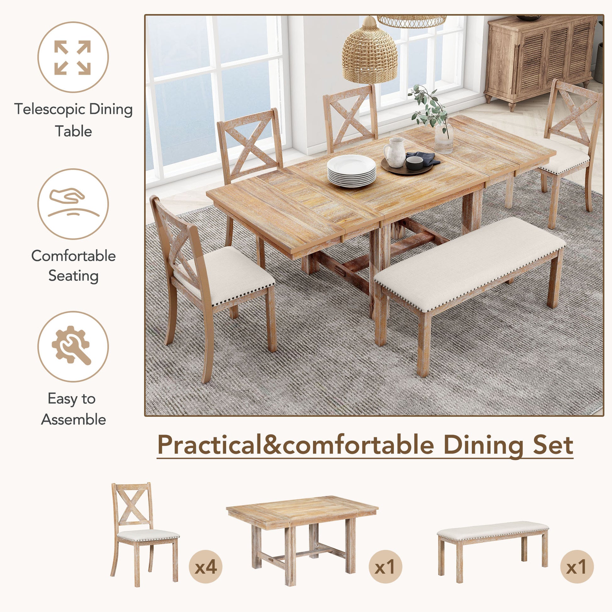 Farmhouse 82Inch 6 Piece Extendable Dining Table With Footrest, 4 Upholstered Dining Chairs And Dining Bench, Two 11"Removable Leaf, Natural Beige Cushion Wood Dining Room Bench Seating Acacia Rectangular Dining Table With Chair And Bench Wood Wood