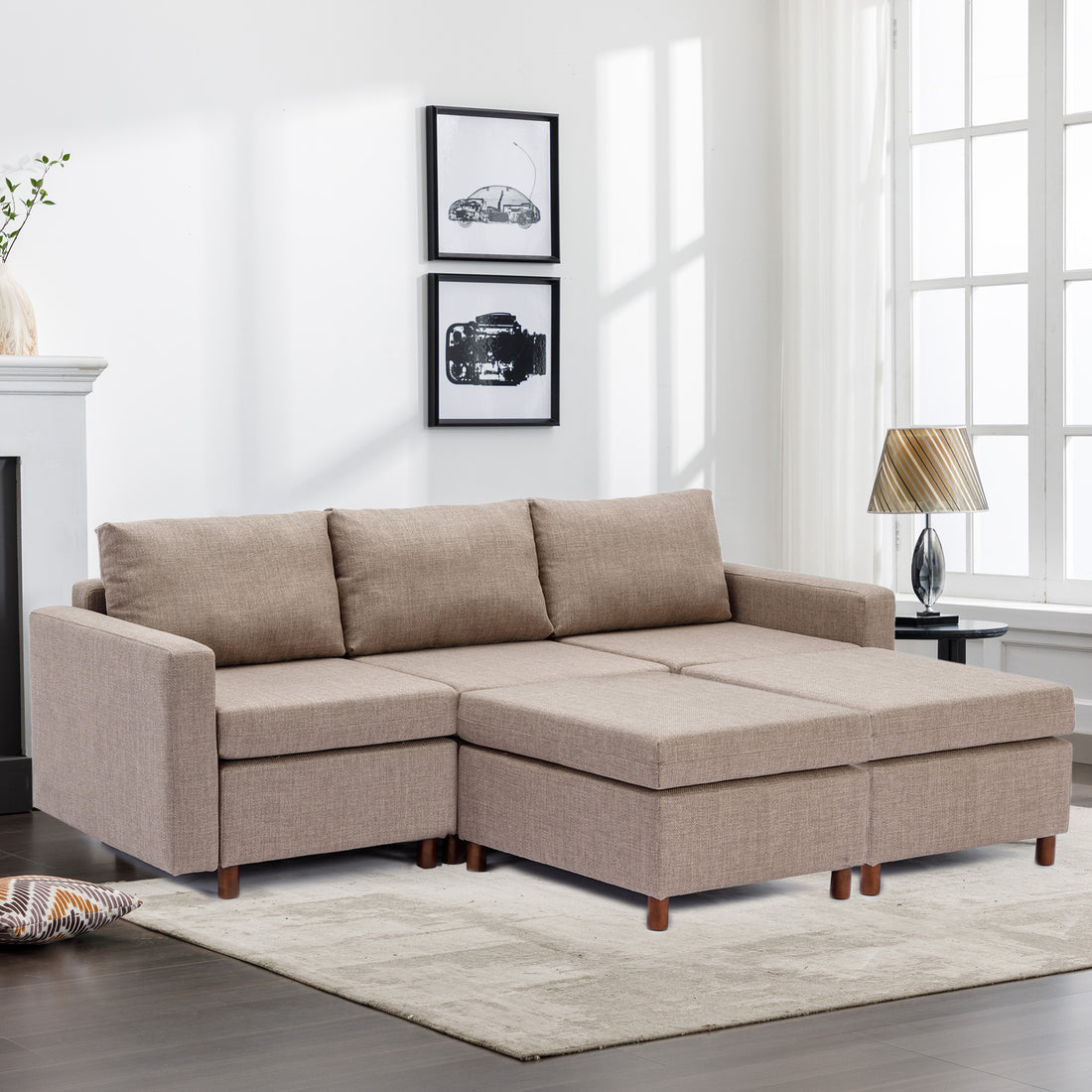 3 Seat Module Sectional Sofa Couch With 2 Ottoman For Living Room,Seat Cushion And Back Cushion Non Removable And Non Washable,Brown Brown Wood Primary Living Space Soft Modern Rubberwood Foam Linen 3 Seat