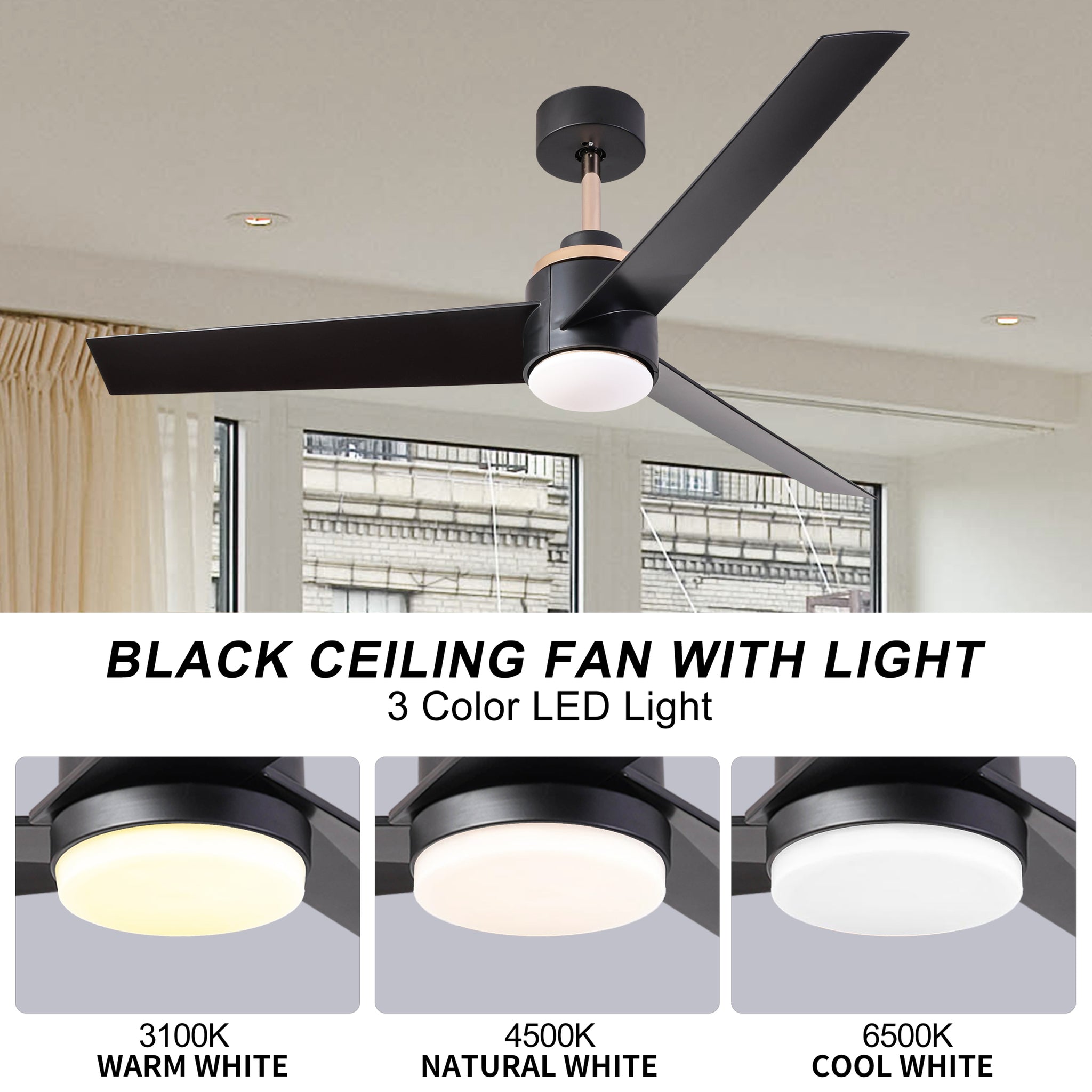 52 Inch Ceiling Fans with Lights Flush Mount, Modern matt black-abs+steel(q235)