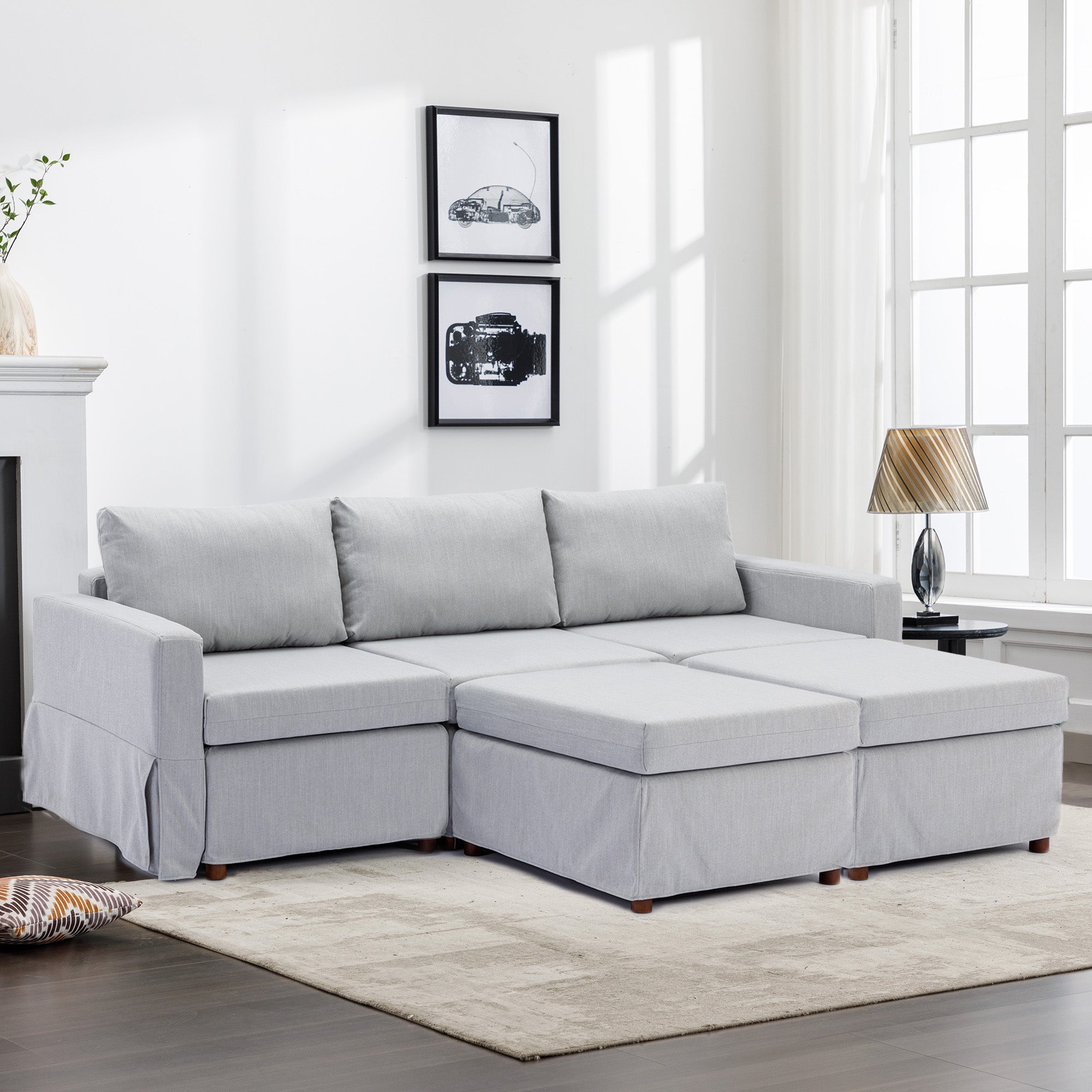 3 Seat Module Sectional Sofa Couch With 2 Ottoman,Seat Cushion And Back Cushion Removable And Washable,Light Grey Light Grey Wood Primary Living Space Soft Modern Rubberwood Foam Linen 3 Seat