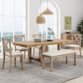 Farmhouse 82Inch 6 Piece Extendable Dining Table With Footrest, 4 Upholstered Dining Chairs And Dining Bench, Two 11