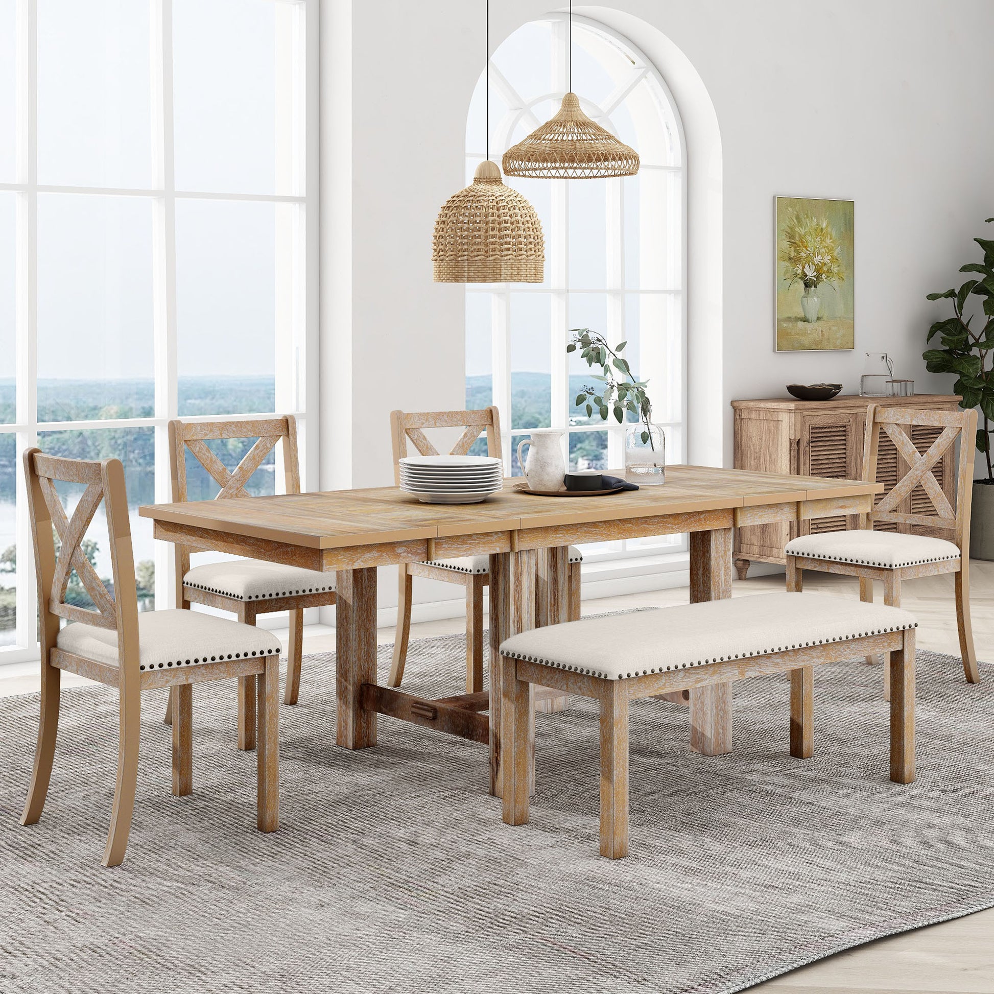 Farmhouse 82Inch 6 Piece Extendable Dining Table With Footrest, 4 Upholstered Dining Chairs And Dining Bench, Two 11"Removable Leaf, Natural Beige Cushion Wood Dining Room Bench Seating Acacia Rectangular Dining Table With Chair And Bench Wood Wood