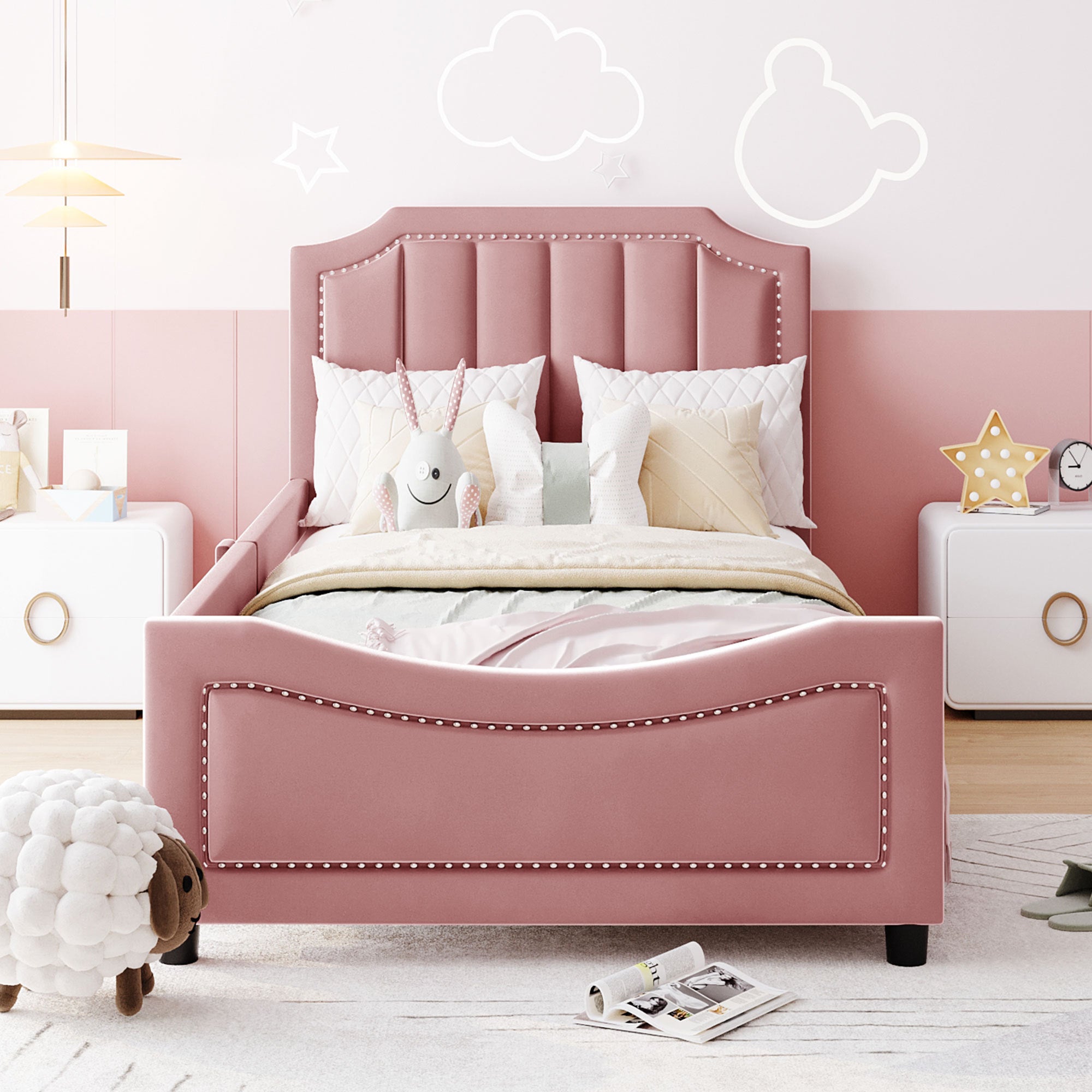 Twin Size Upholstered Daybed with Classic Stripe pink-velvet