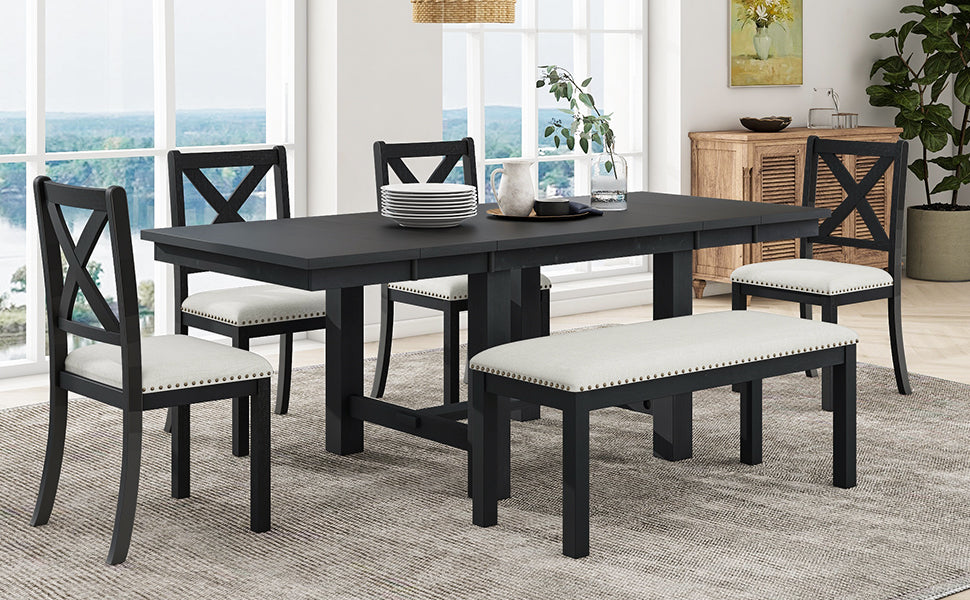 Farmhouse 82Inch 6 Piece Extendable Dining Table With Footrest, 4 Upholstered Dining Chairs And Dining Bench, Two 11"Removable Leaf, Black Beige Cushion Wood Dining Room Bench Seating Acacia