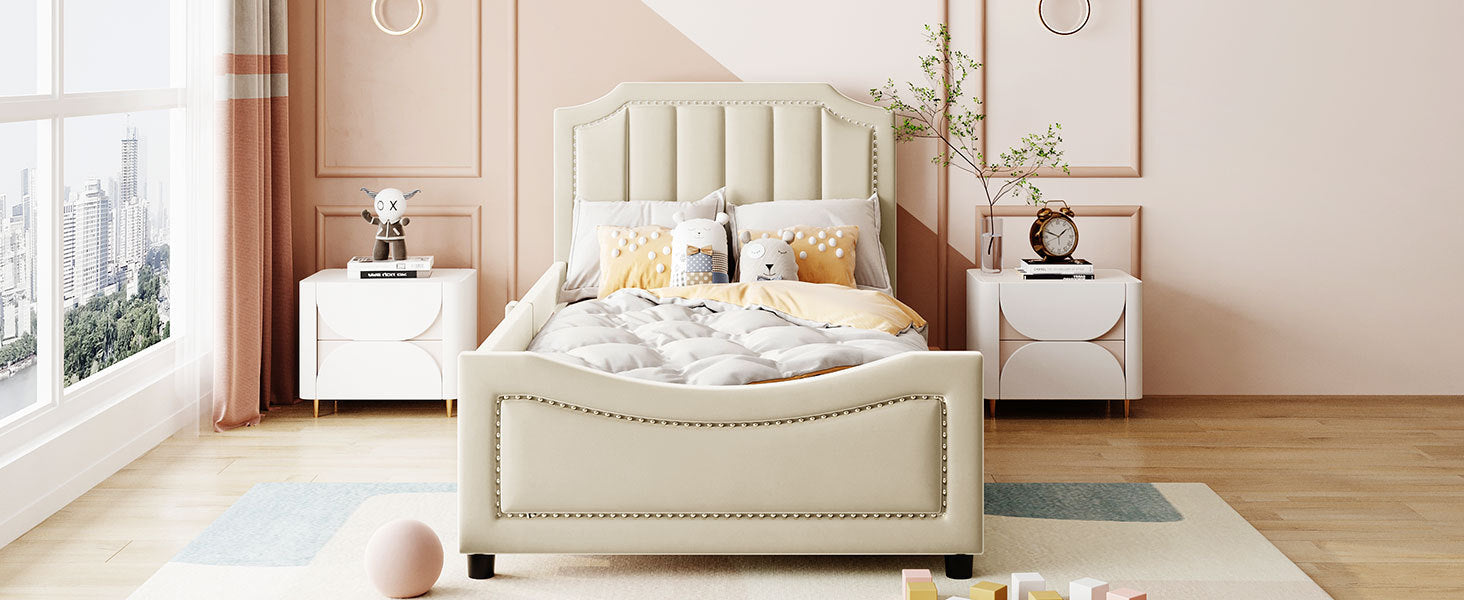 Twin Size Upholstered Daybed with Classic Stripe beige-velvet
