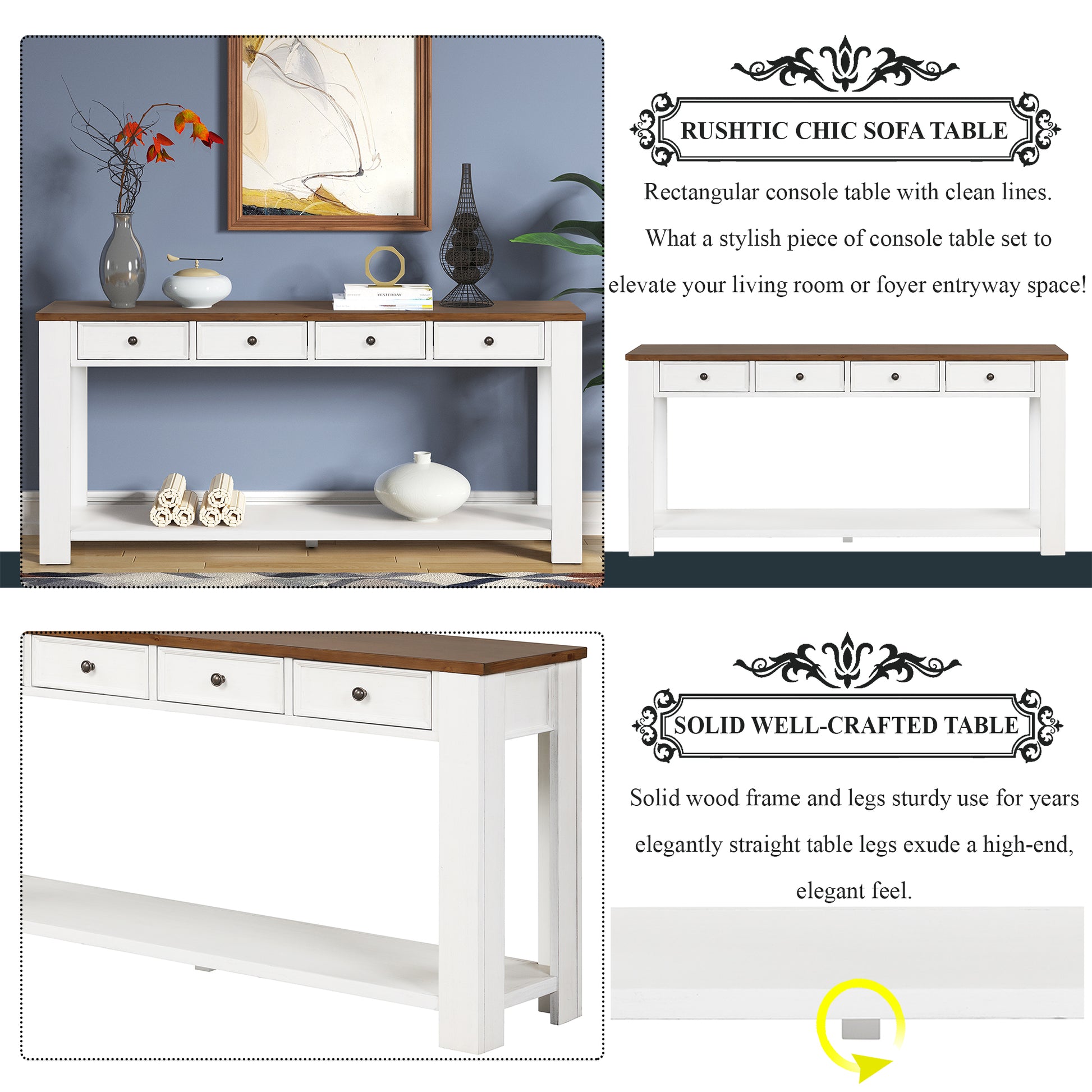 63" Pine Wood Console Table With 4 Drawers And 1 Bottom Shelf For Entryway Hallway Easy Assembly 63 Inch Long Sofa Table Antique White Brown Top Antique White Pine
