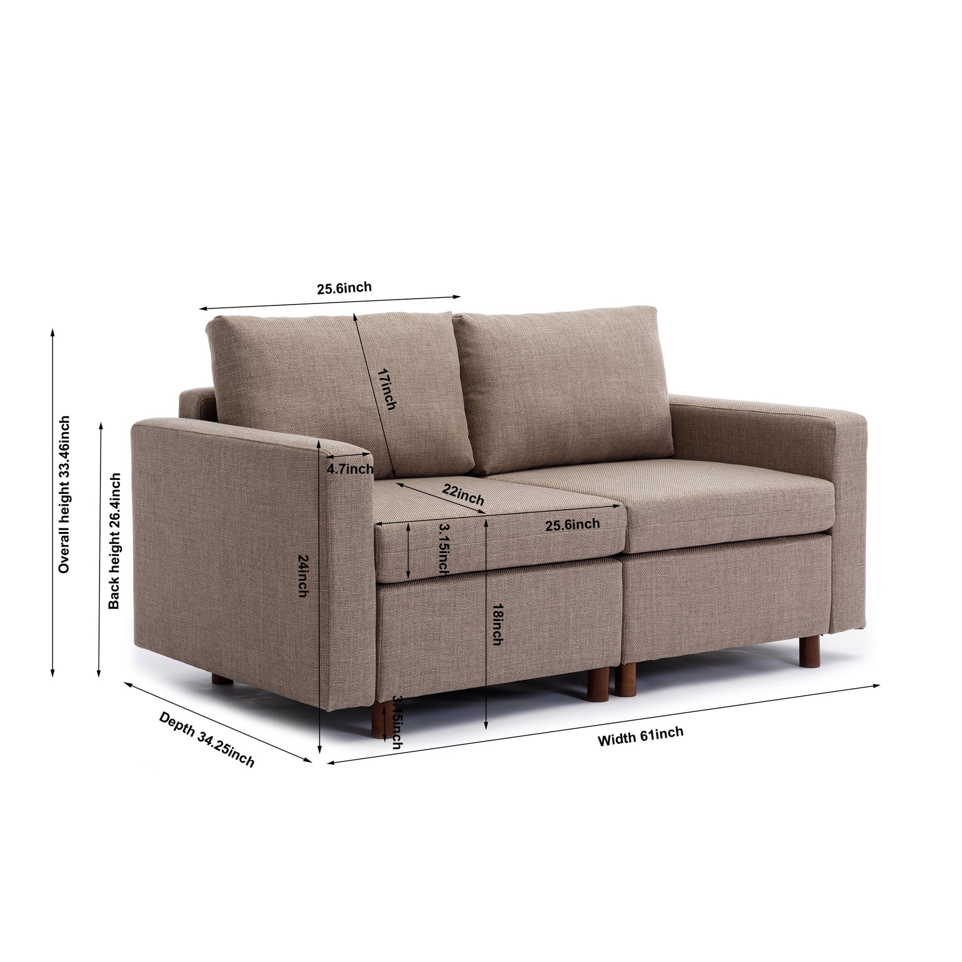 2 Seat Module Sectional Sofa Couch With 1 Ottoman For Living Room,Seat Cushion And Back Cushion Non Removable And Non Washable,Brown Brown Wood Primary Living Space Soft Modern Rubberwood Foam Linen 2 Seat