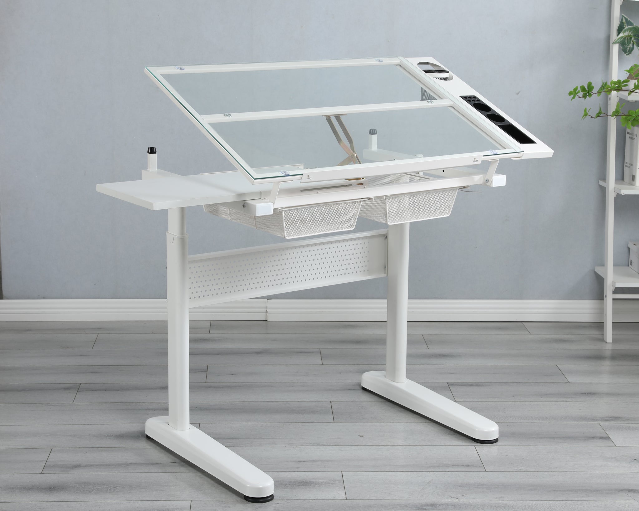 hand crank adjustable drafting table drawing desk with white-tempered glass+sheet metal+plastic