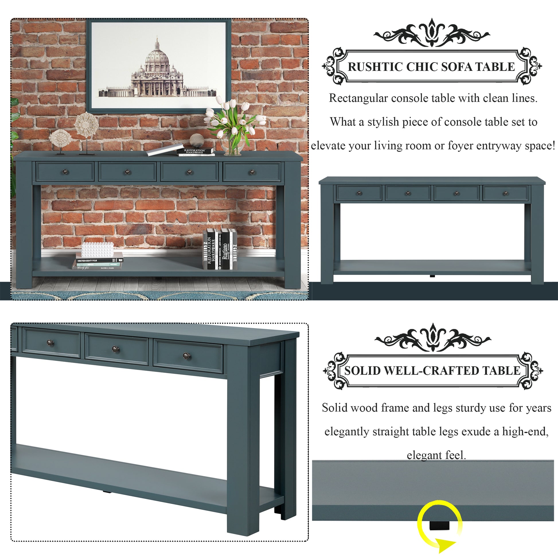 63" Pine Wood Console Table With 4 Drawers And 1 Bottom Shelf For Entryway Hallway Easy Assembly 63 Inch Long Sofa Table Dark Blue Blue Pine