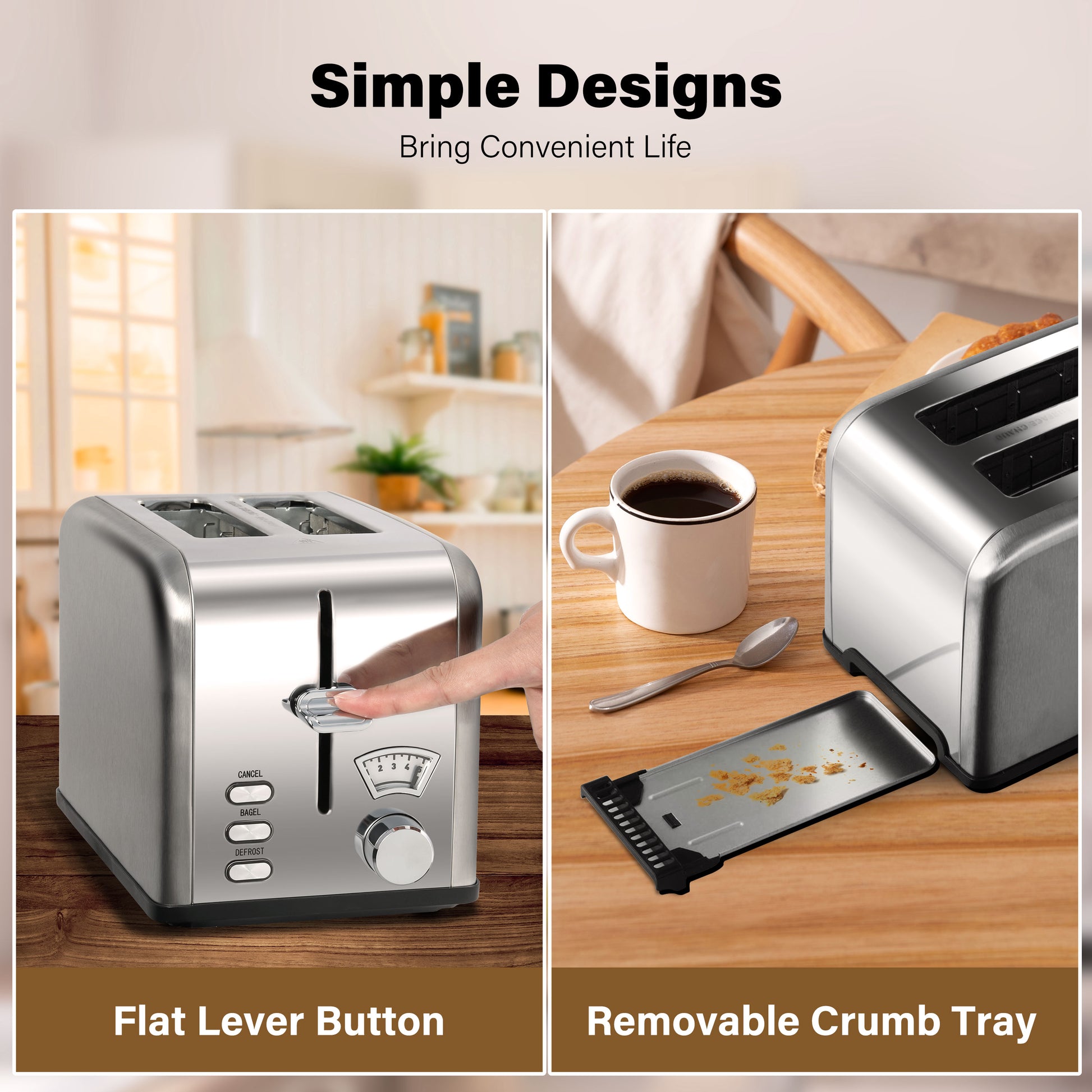 2 Slice Toaster With 1.5 Inch Wide Slot, 5 Browning Setting And 3 Function: Bagel, Defrost & Cancel, Retro Stainless Steel Style, Toast Bread Machine With Removable Crumb Tray, Silver Silver Stainless Steel