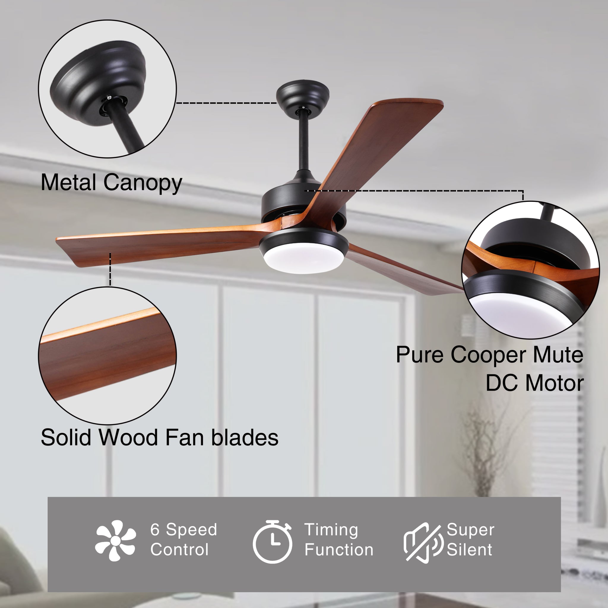 52" Ceiling Fans with Light, Wood Ceiling Fans with 3 natural wood-solid wood