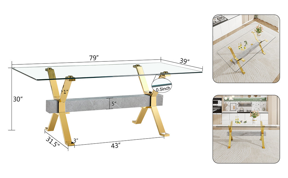 Dining Table. Modern Tempered Glass Dining Table. Large Modern Office Desk With Gold Plated Metal Legs And Mdf Crossbars, Suitable For Both Home And Office Use. Kitchen. 79 ''X39''X30 '' 1105 Transparent Glass