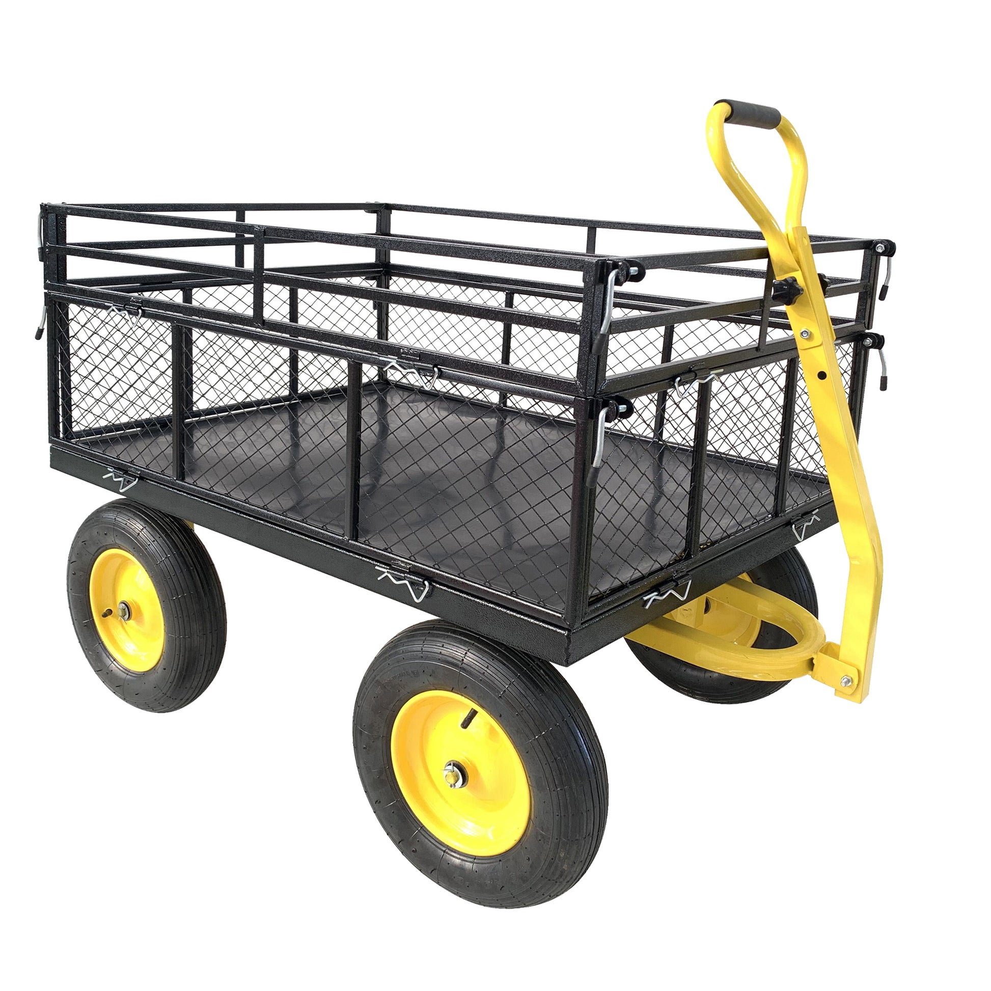 Steel Garden Cart, Heavy Duty 1400 Lbs Capacity, With Removable Mesh Sides To Convert Into Flatbed, Utility Metal Wagon With 2 In 1 Handle And 16 In Tires, Perfect For Garden, Farm, Yard Black Metal