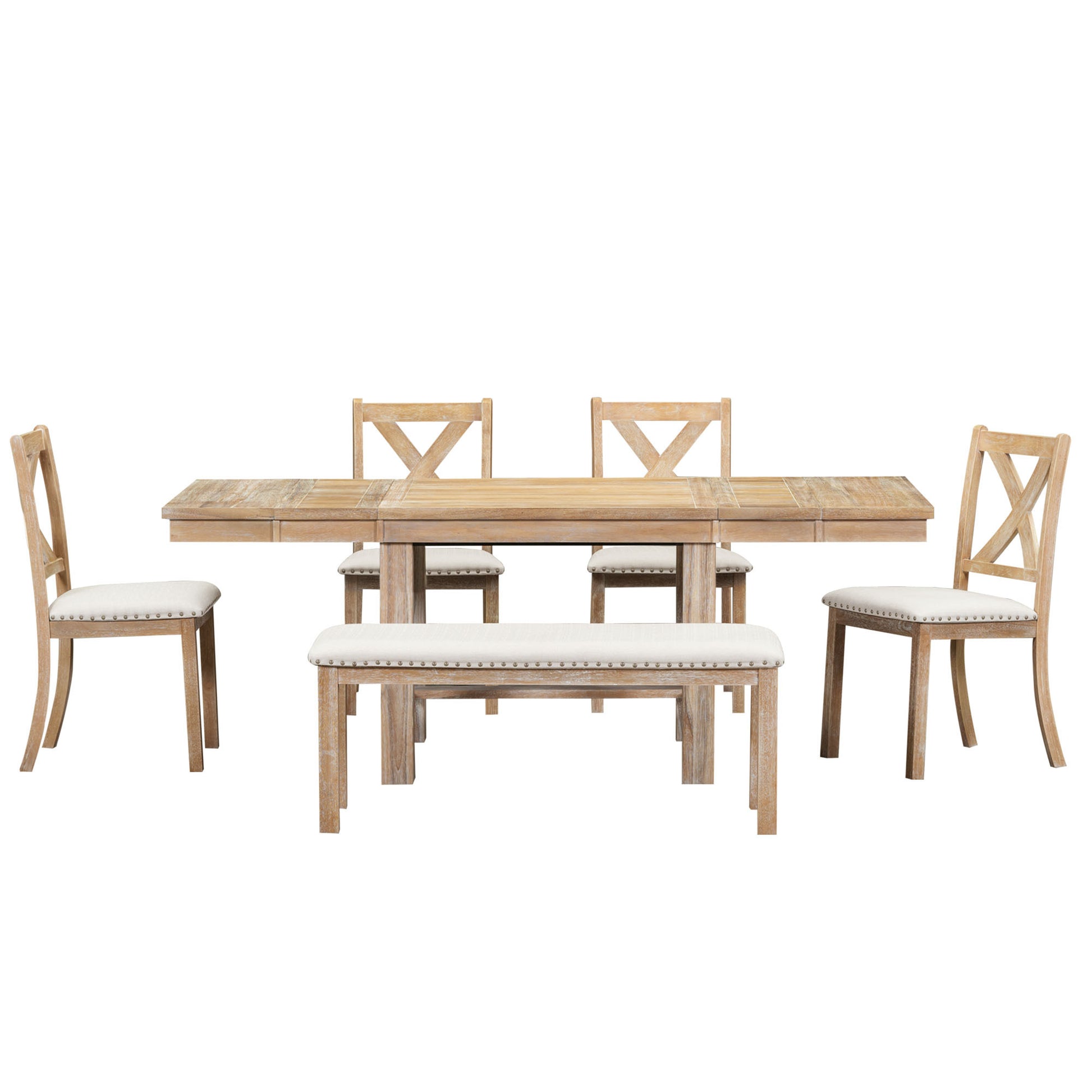 Farmhouse 82Inch 6 Piece Extendable Dining Table With Footrest, 4 Upholstered Dining Chairs And Dining Bench, Two 11"Removable Leaf, Natural Beige Cushion Wood Dining Room Bench Seating Acacia Rectangular Dining Table With Chair And Bench Wood Wood