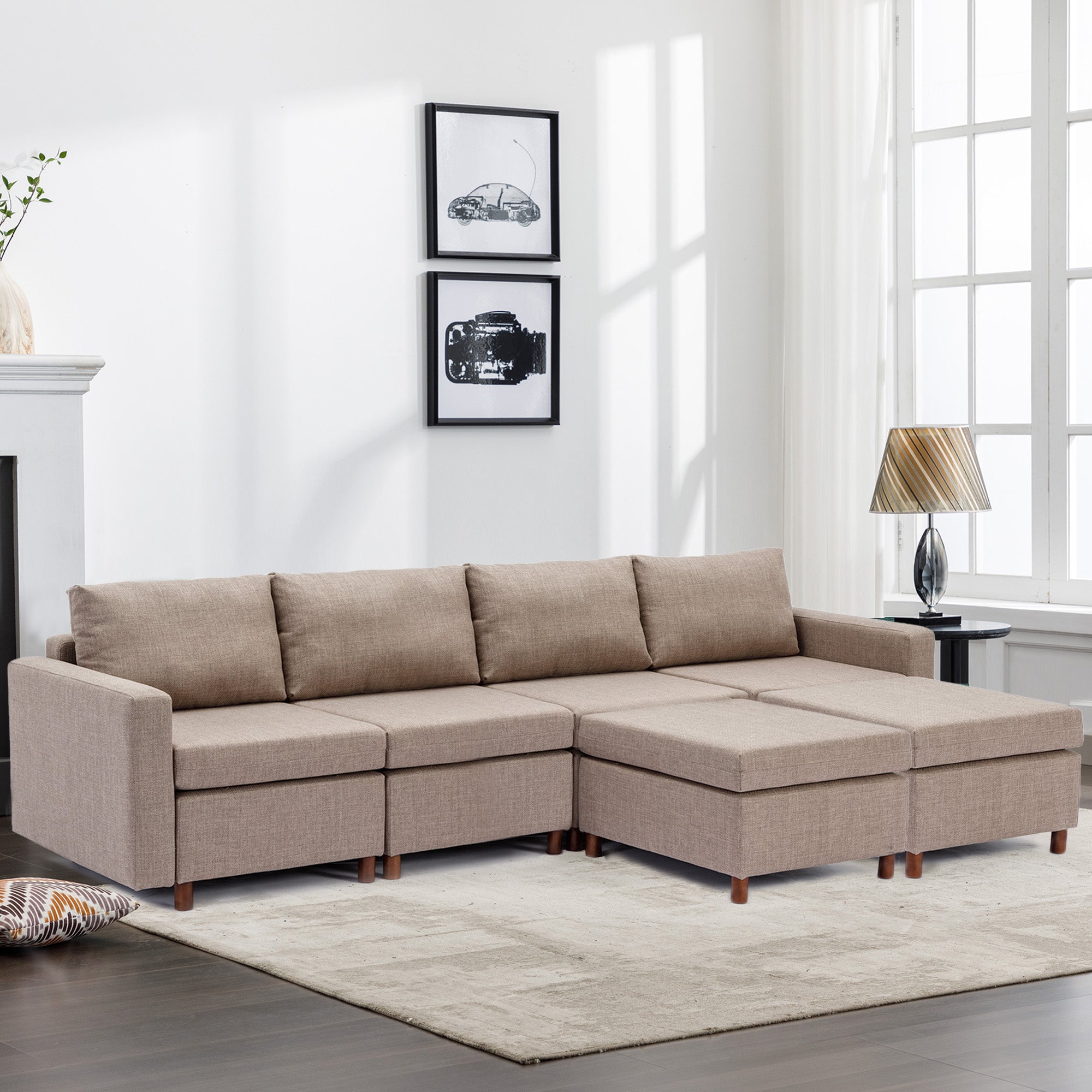 4 Seat Module Sectional Sofa Couch With 2 Ottoman For Living Room,Seat Cushion And Back Cushion Non Removable And Non Washable,Brown Brown Wood Primary Living Space Soft Modern Rubberwood Foam Linen 4 Seat