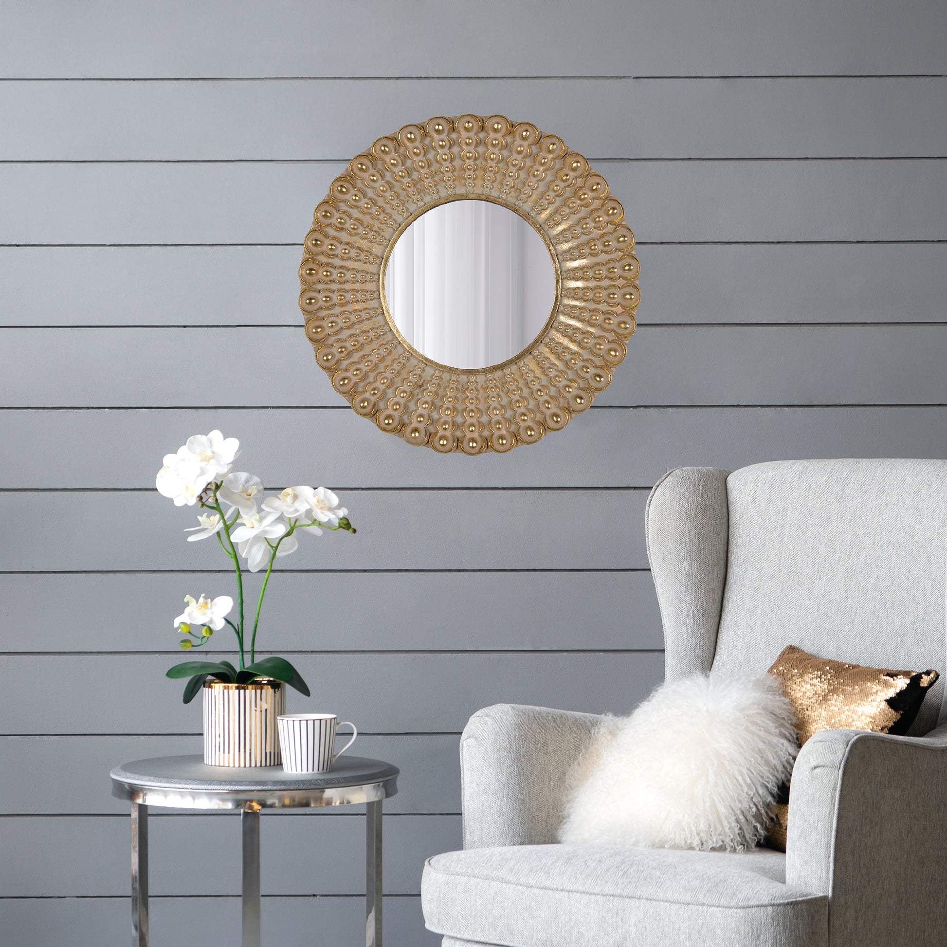 18.5" Transitional Beaded Sunburst Mirror, Round Accent Wall Mirror For Living Room, Entryway, Bathroom, Office, Foyer Gold Polyresin