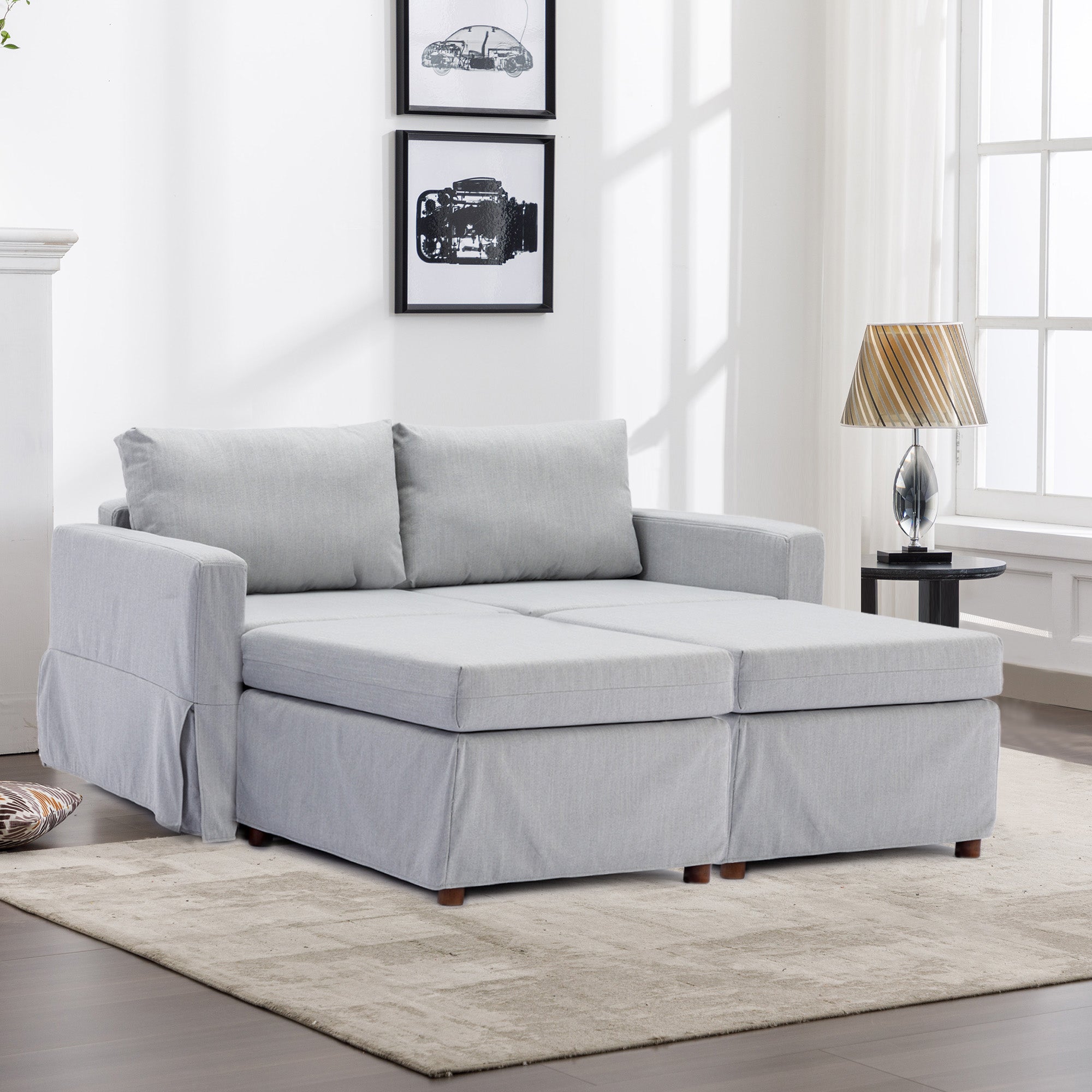 2 Seat Module Sectional Sofa Couch With 2 Ottoman,Seat Cushion And Back Cushion Removable And Washable,Light Grey Light Grey Wood Primary Living Space Soft Modern Rubberwood Foam Linen 2 Seat