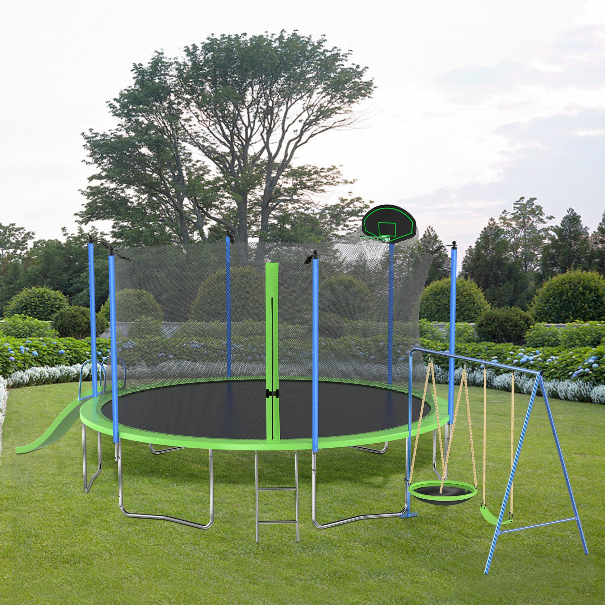 12Ft Trampoline With Slide And Swings, Astm Approved Large Recreational Trampoline With Basketball Hoop And Ladder,Outdoor Backyard Trampoline With Net, Capacity For Kids And Adults Green Metal