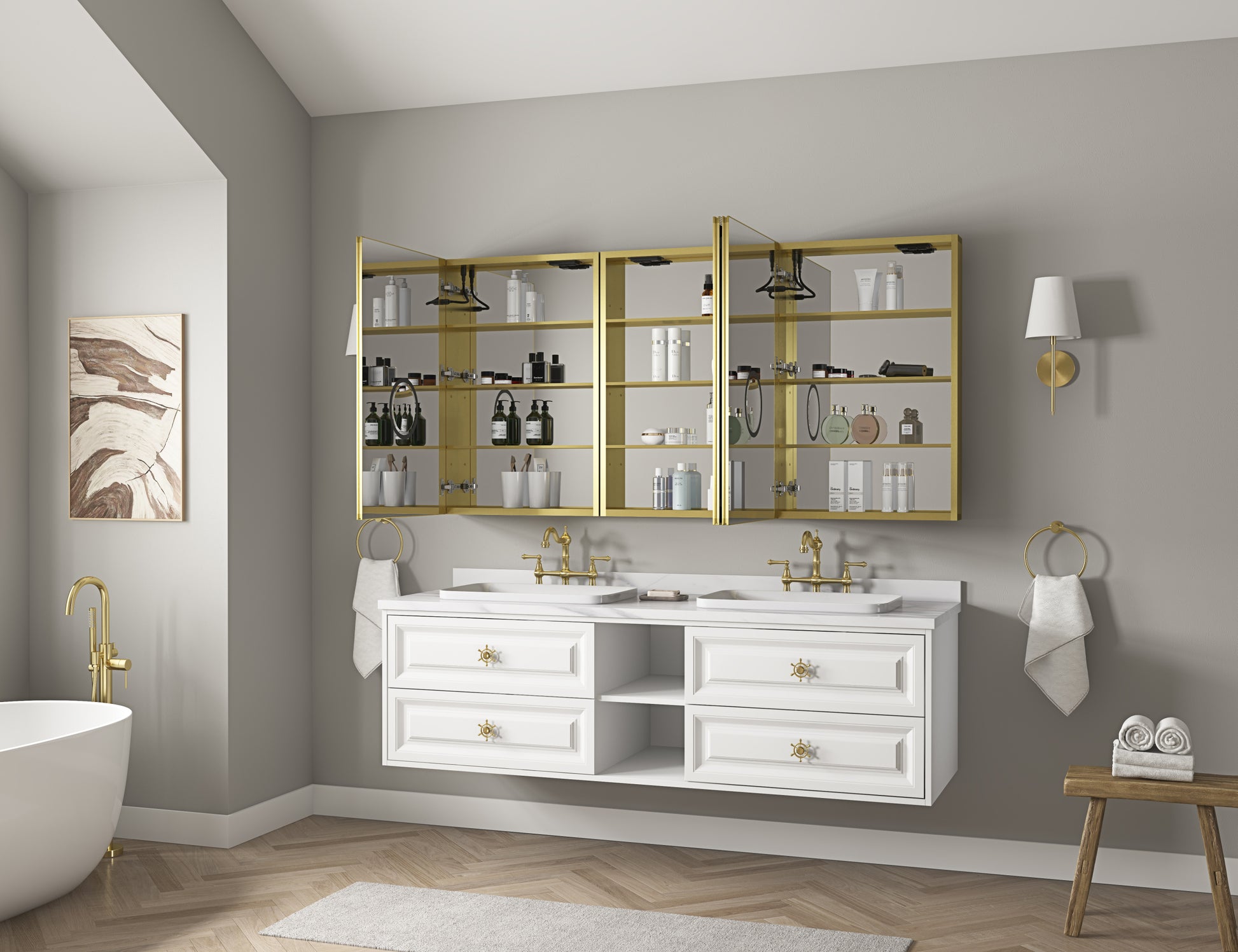 LED Lighted Bathroom Medicine Cabinet with Mirror gold-aluminium