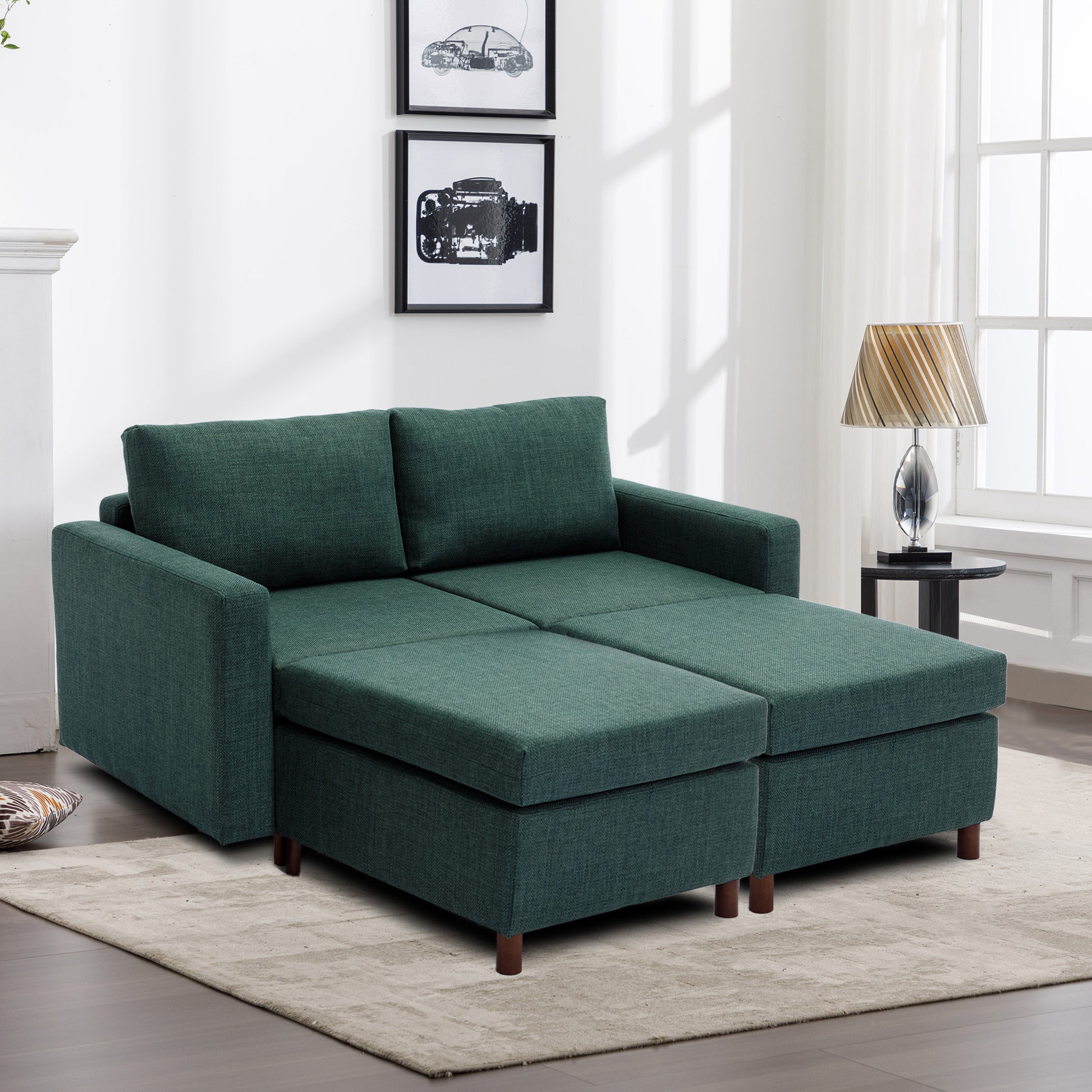 2 Seat Module Sectional Sofa Couch With 2 Ottoman For Living Room,Seat Cushion And Back Cushion Non Removable And Non Washable,Green Green Wood Primary Living Space Soft Modern Rubberwood Foam Linen 2 Seat