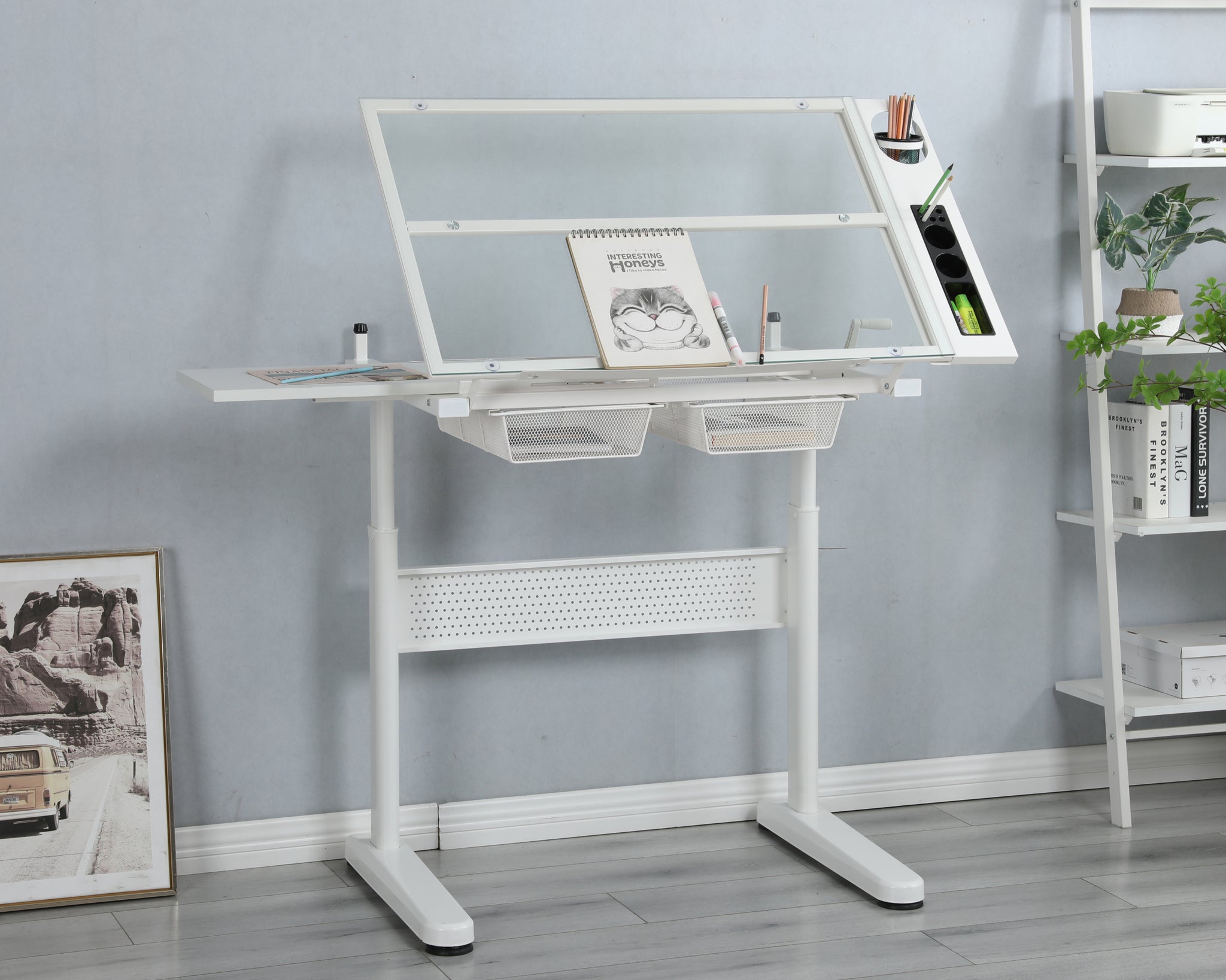 hand crank adjustable drafting table drawing desk with white-glass+metal