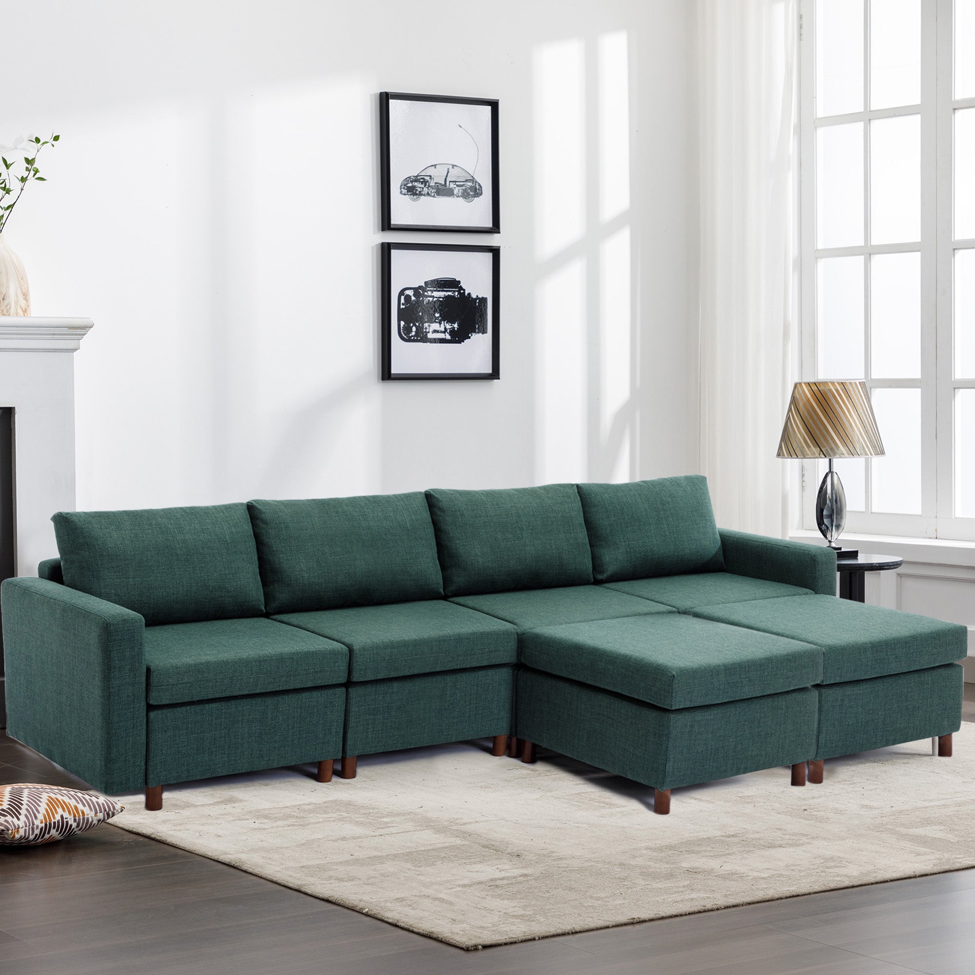 4 Seat Module Sectional Sofa Couch With 2 Ottoman For Living Room,Seat Cushion And Back Cushion Non Removable And Non Washable,Green Green Wood Primary Living Space Soft Modern Rubberwood Foam Linen 4 Seat