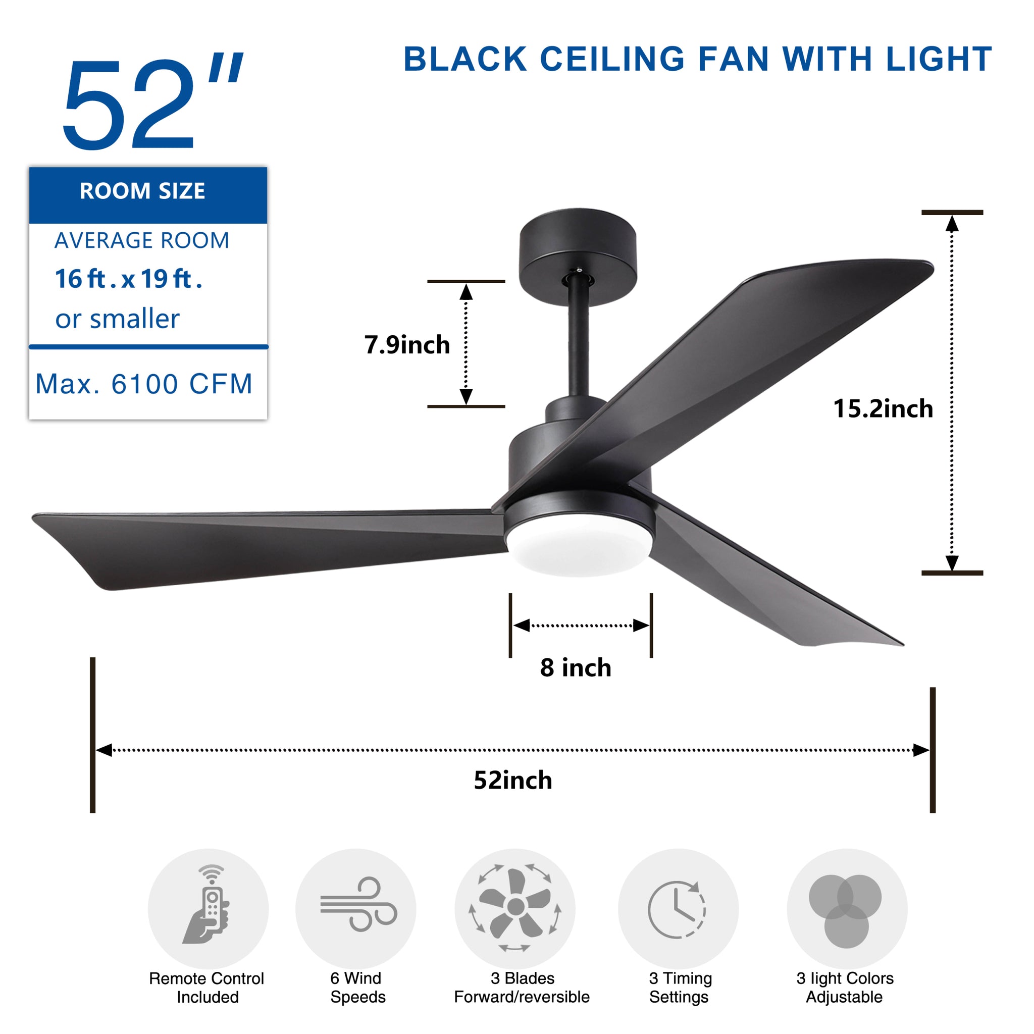 52 inch Ceiling Fan with Light, Modern Dimmable matt black-abs+steel(q235)