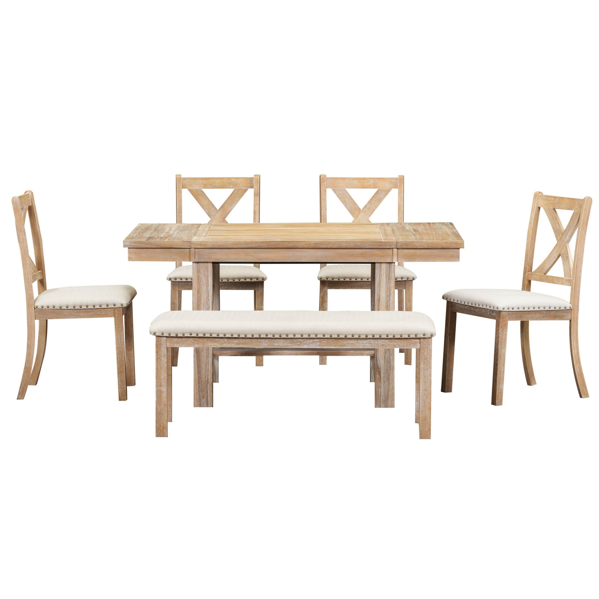 Farmhouse 82Inch 6 Piece Extendable Dining Table With Footrest, 4 Upholstered Dining Chairs And Dining Bench, Two 11"Removable Leaf, Natural Beige Cushion Wood Dining Room Bench Seating Acacia Rectangular Dining Table With Chair And Bench Wood Wood