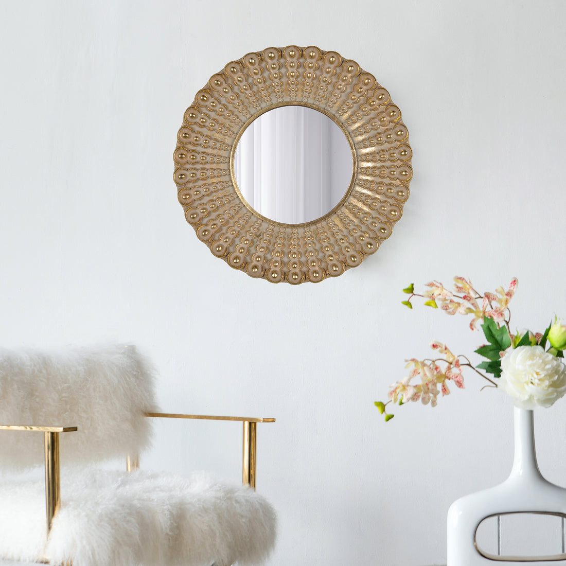 18.5" Transitional Beaded Sunburst Mirror, Round Accent Wall Mirror For Living Room, Entryway, Bathroom, Office, Foyer Gold Polyresin