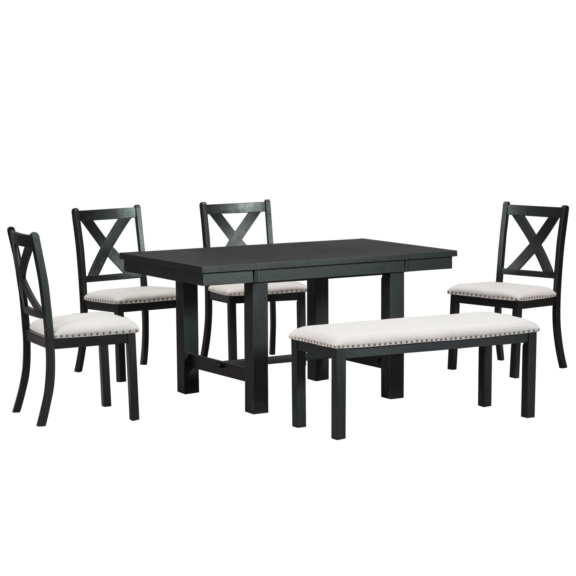 Farmhouse 82Inch 6 Piece Extendable Dining Table With Footrest, 4 Upholstered Dining Chairs And Dining Bench, Two 11"Removable Leaf, Black Beige Cushion Wood Dining Room Bench Seating Acacia