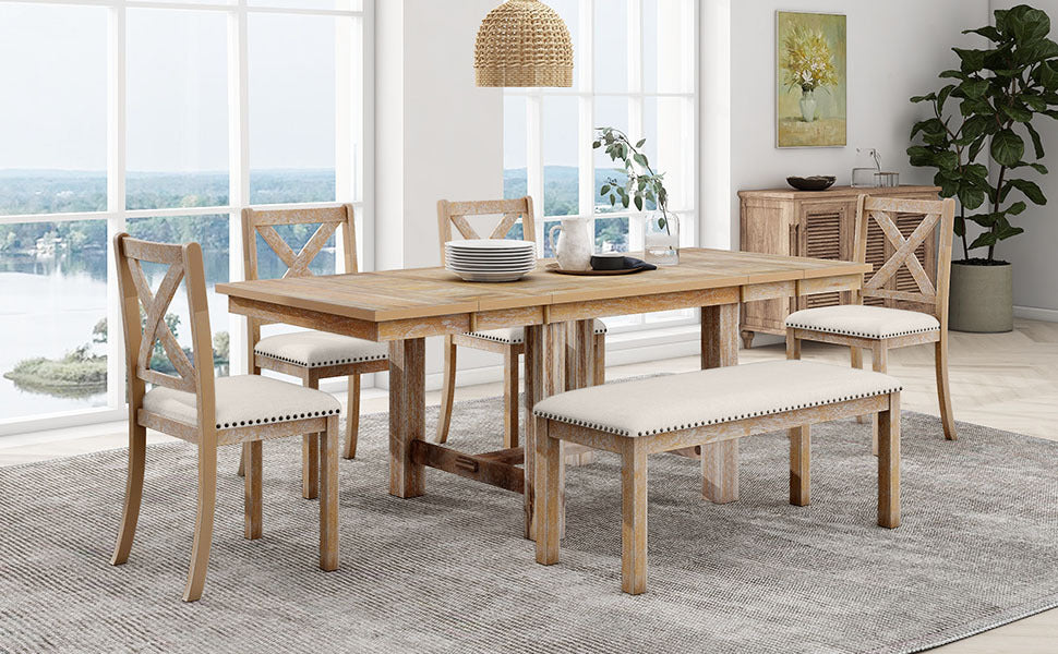 Farmhouse 82Inch 6 Piece Extendable Dining Table With Footrest, 4 Upholstered Dining Chairs And Dining Bench, Two 11"Removable Leaf, Natural Beige Cushion Wood Dining Room Bench Seating Acacia Rectangular Dining Table With Chair And Bench Wood Wood