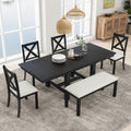 Farmhouse 82Inch 6 Piece Extendable Dining Table With Footrest, 4 Upholstered Dining Chairs And Dining Bench, Two 11