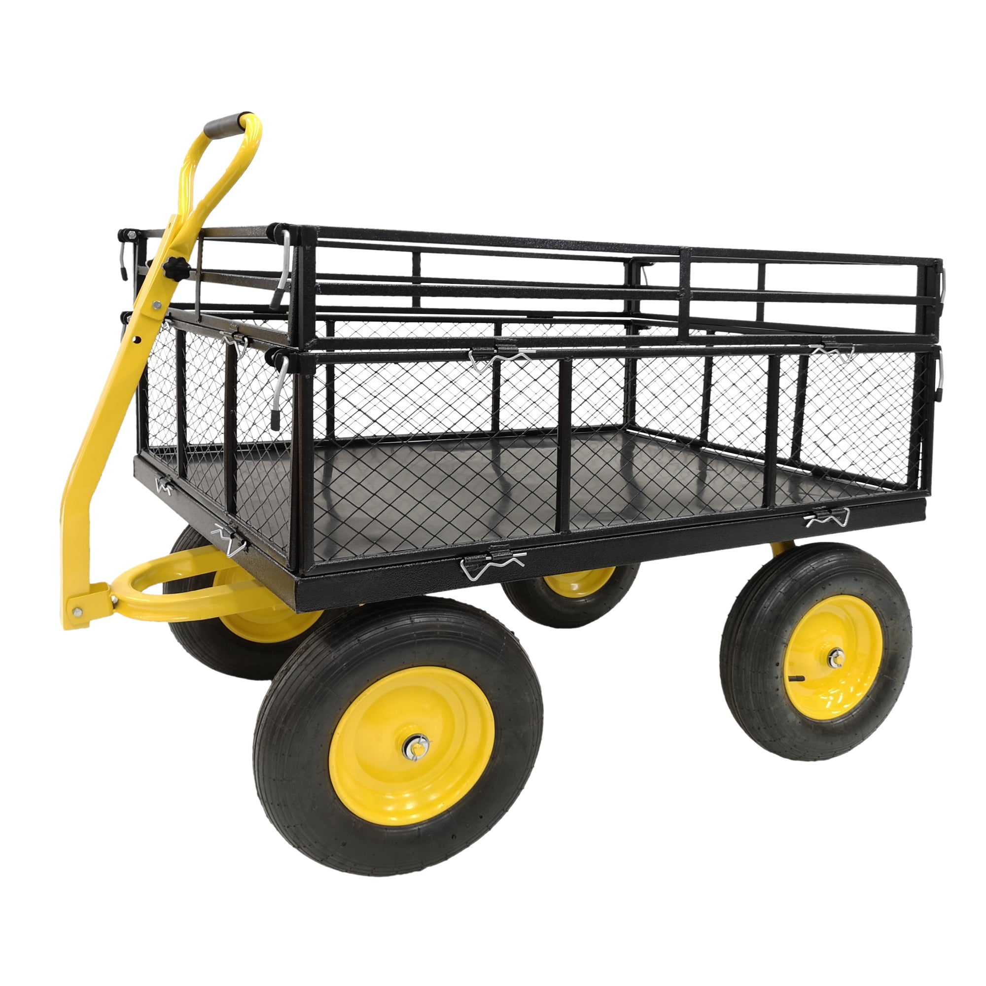 Steel Garden Cart, Heavy Duty 1400 Lbs Capacity, With Removable Mesh Sides To Convert Into Flatbed, Utility Metal Wagon With 2 In 1 Handle And 16 In Tires, Perfect For Garden, Farm, Yard Black Metal