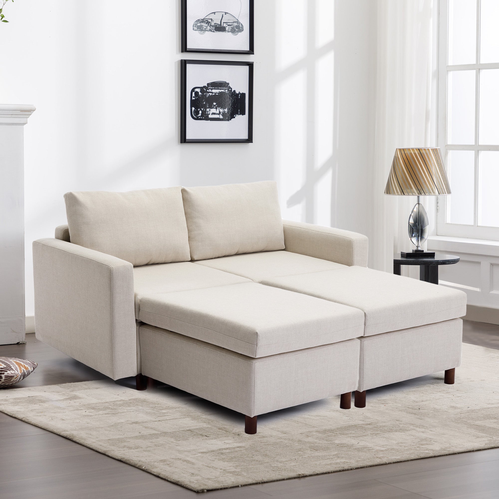 2 Seat Module Sectional Sofa Couch With 2 Ottoman For Living Room,Seat Cushion And Back Cushion Non Removable And Non Washable,Cream Cream Wood Primary Living Space Soft Modern Rubberwood Foam Linen 2 Seat