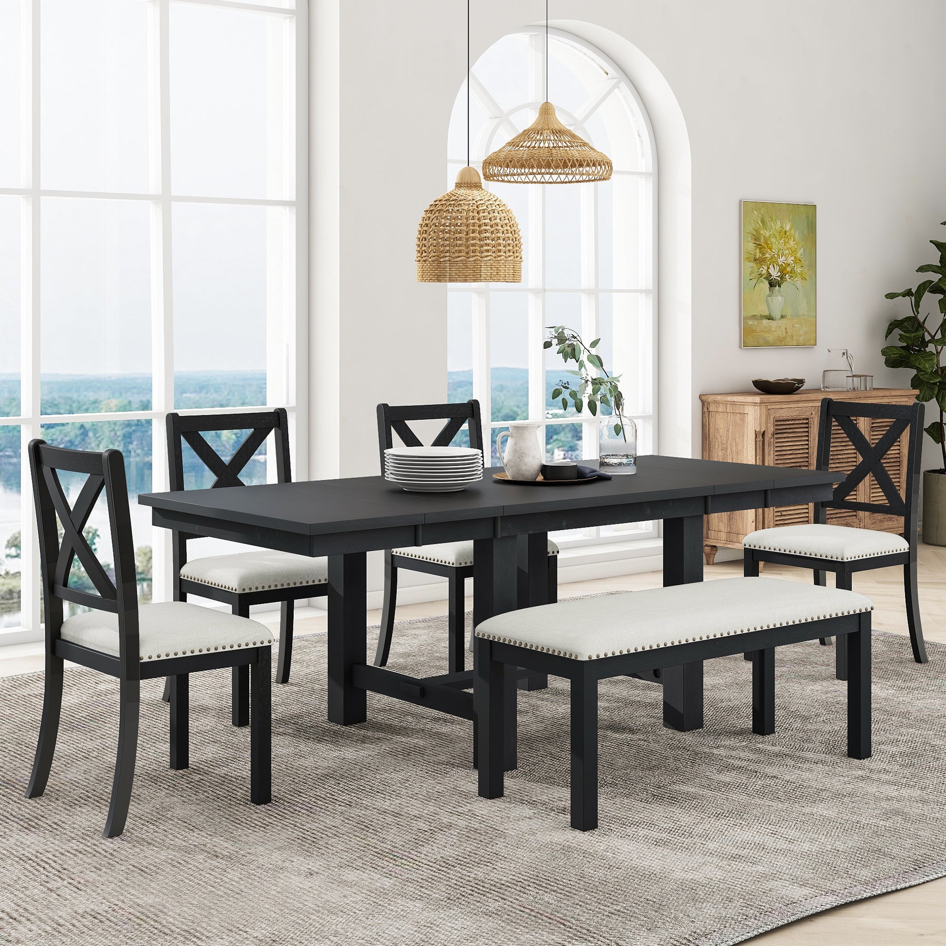 Farmhouse 82Inch 6 Piece Extendable Dining Table With Footrest, 4 Upholstered Dining Chairs And Dining Bench, Two 11"Removable Leaf, Black Beige Cushion Wood Dining Room Bench Seating Acacia