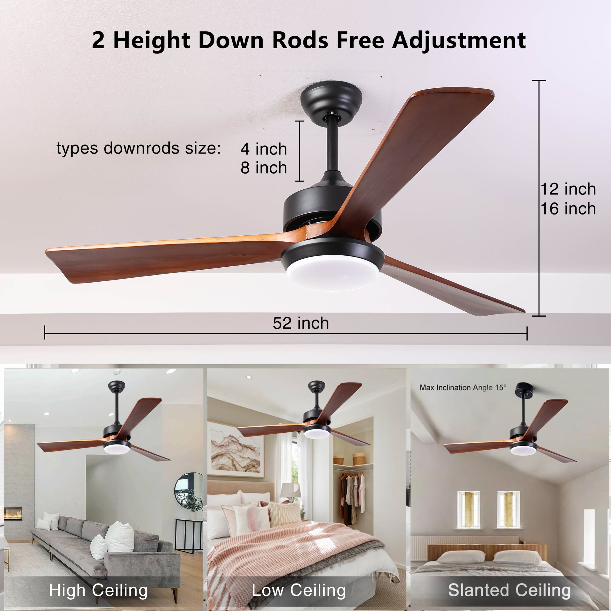 52" Ceiling Fans with Light, Wood Ceiling Fans with 3 natural wood-solid wood