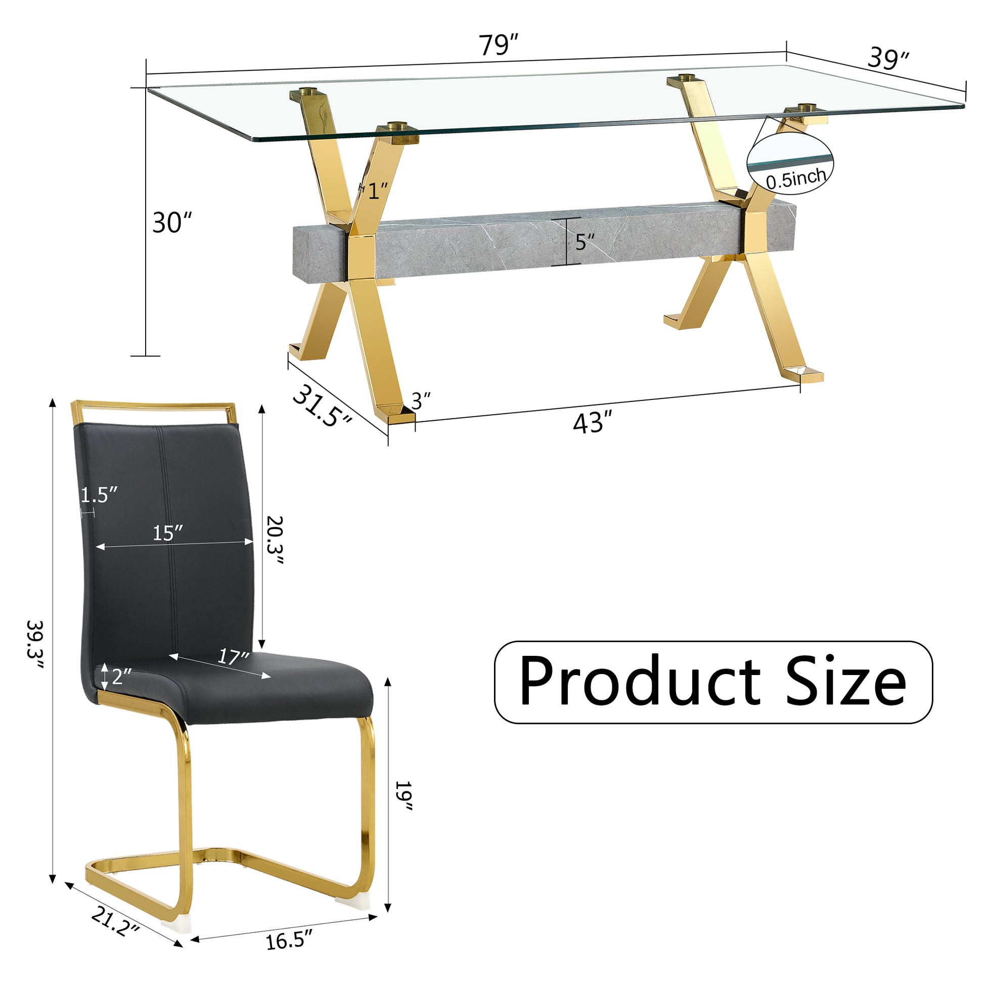 1 Table And 6 Chairs. Modern Simple Luxury Tempered Glass Rectangular Dining Table And Desk With 6 Black Pu Gold Plated Leg Chairs 79''X39''X30'' Transparent Glass