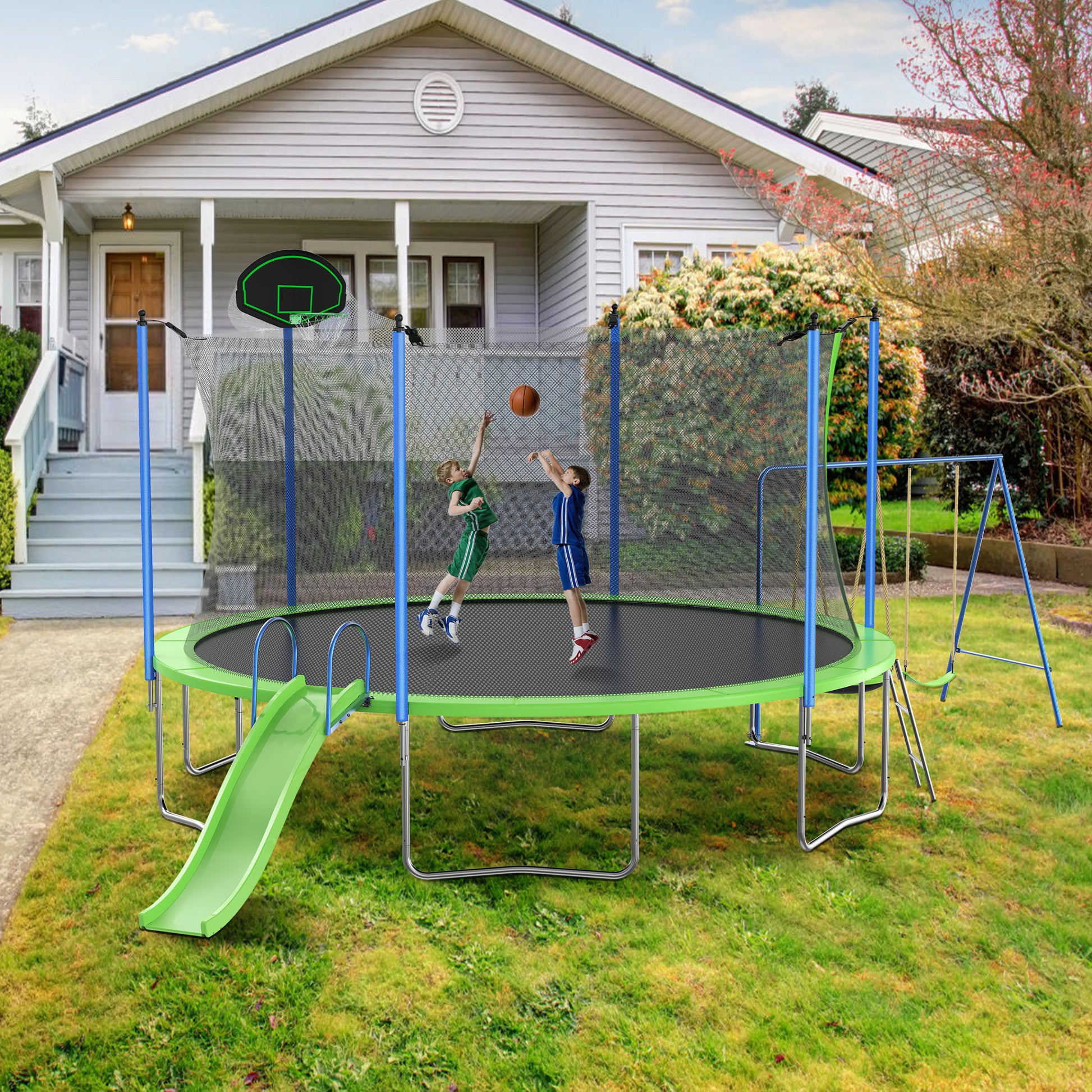 14Ft Trampoline With Slide And Swings, Astm Approved Large Recreational Trampoline With Basketball Hoop And Ladder,Outdoor Backyard Trampoline With Net, Capacity For Kids And Adults Green Metal