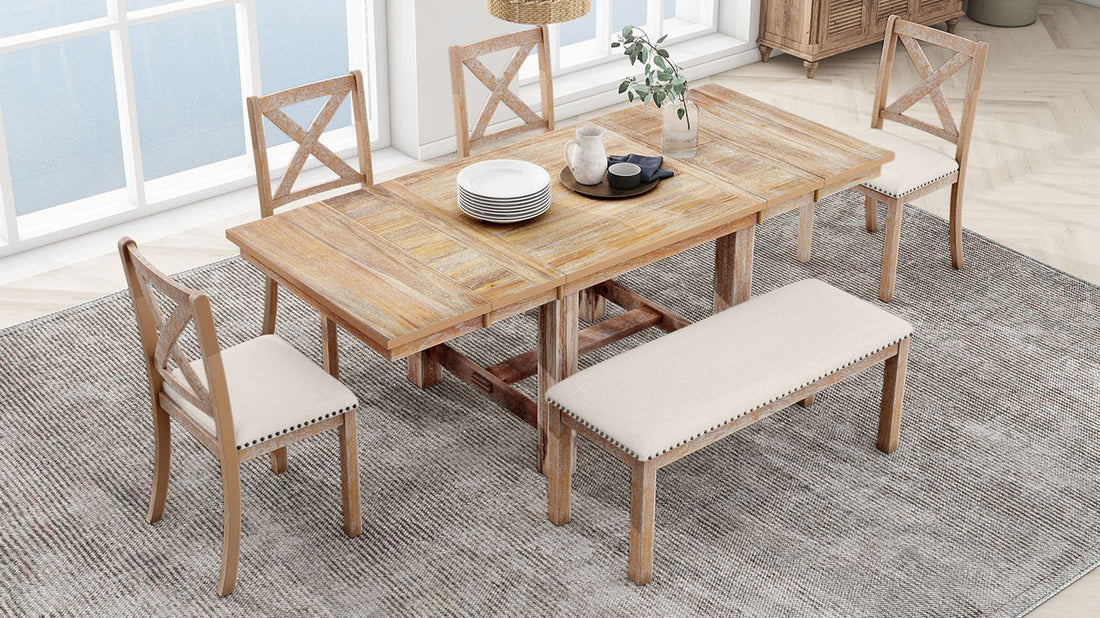 Farmhouse 82Inch 6 Piece Extendable Dining Table With Footrest, 4 Upholstered Dining Chairs And Dining Bench, Two 11"Removable Leaf, Natural Beige Cushion Wood Dining Room Bench Seating Acacia Rectangular Dining Table With Chair And Bench Wood Wood