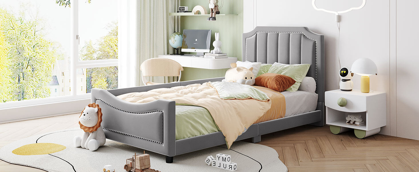 Twin Size Upholstered Daybed with Classic Stripe gray-velvet