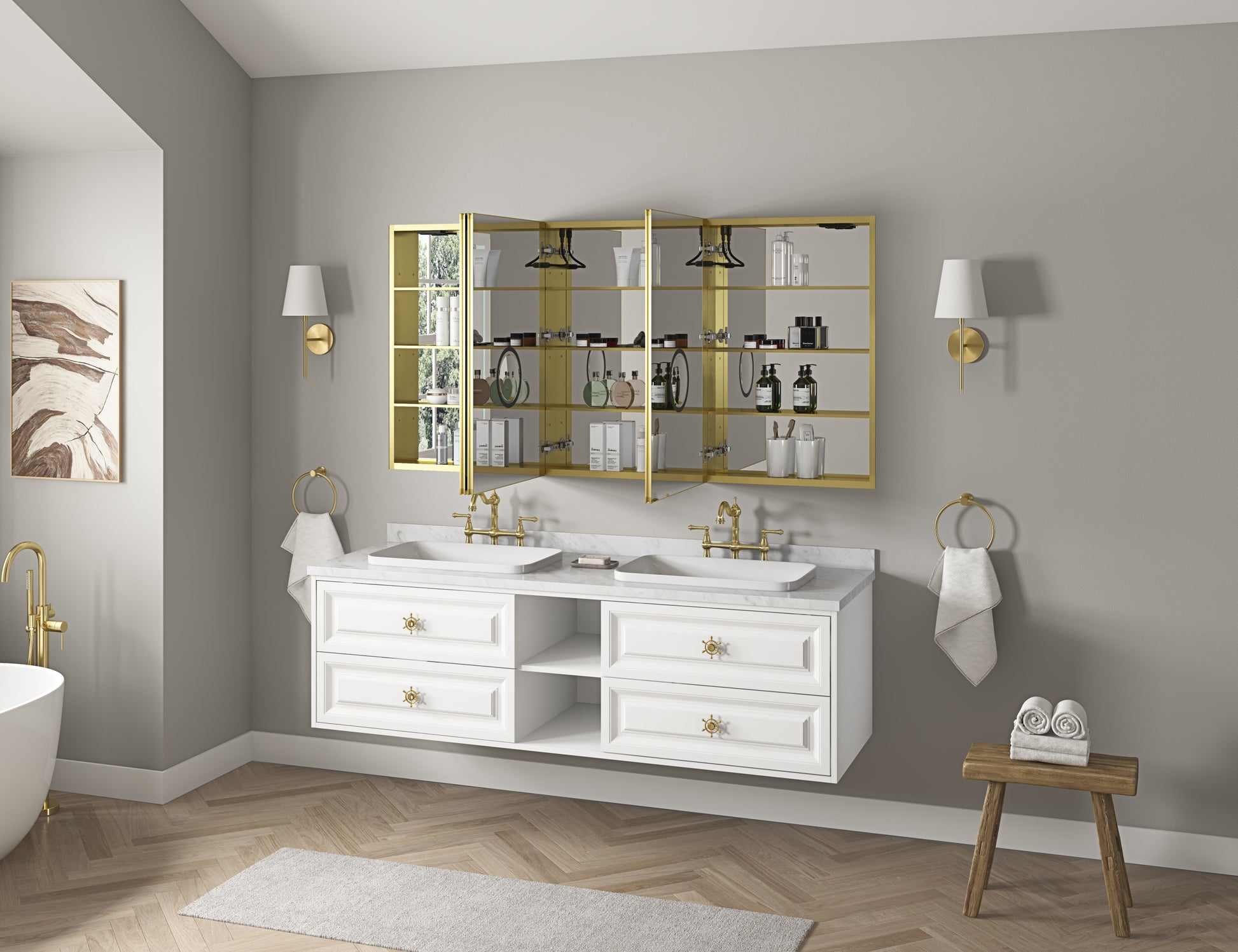 LED Lighted Bathroom Medicine Cabinet with Mirror gold-aluminium